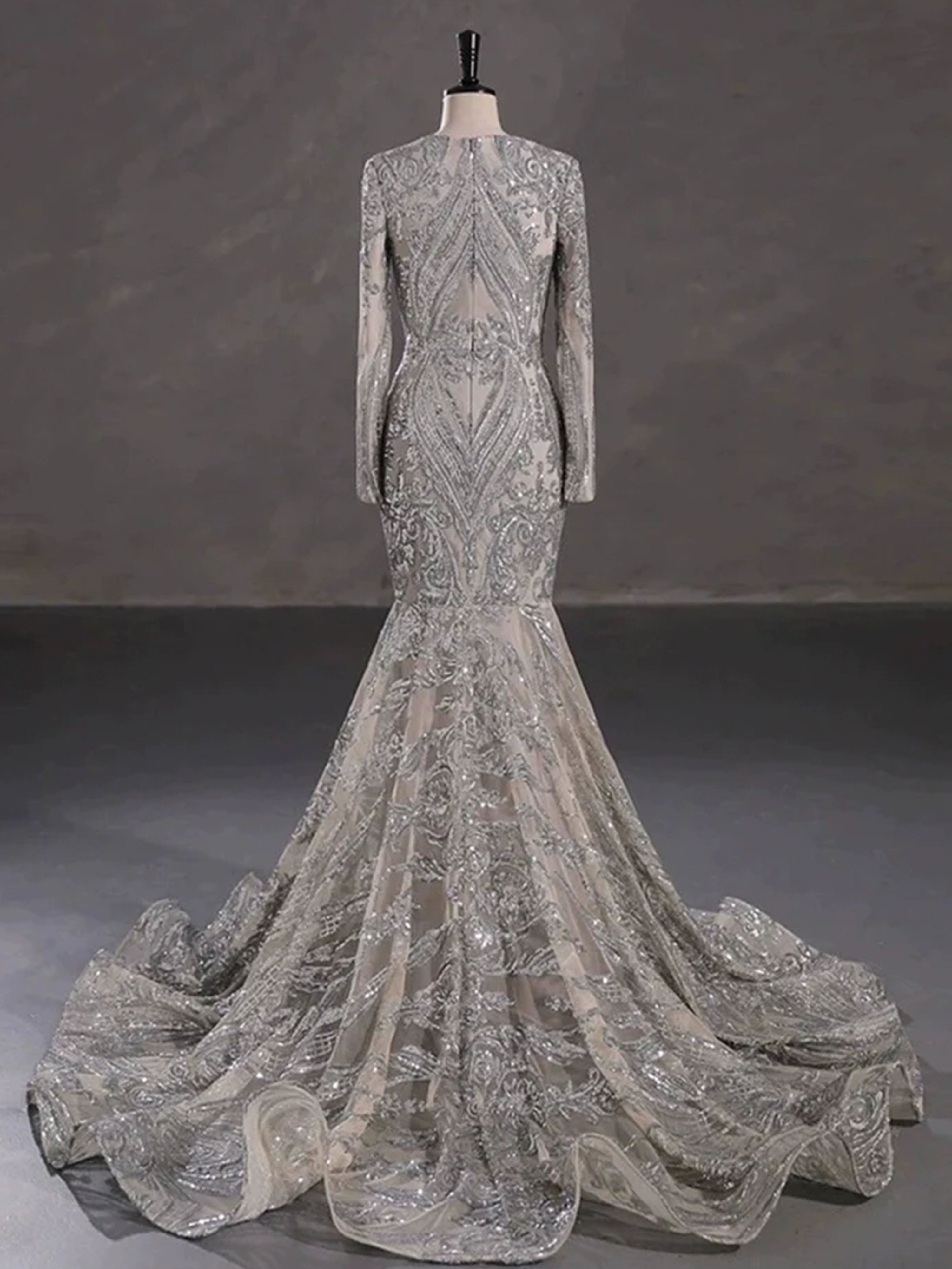 Robe de Bal Argentée Magnifique Style Sirène/Trumpet à Manches Longues en Dentelle et Paillettes