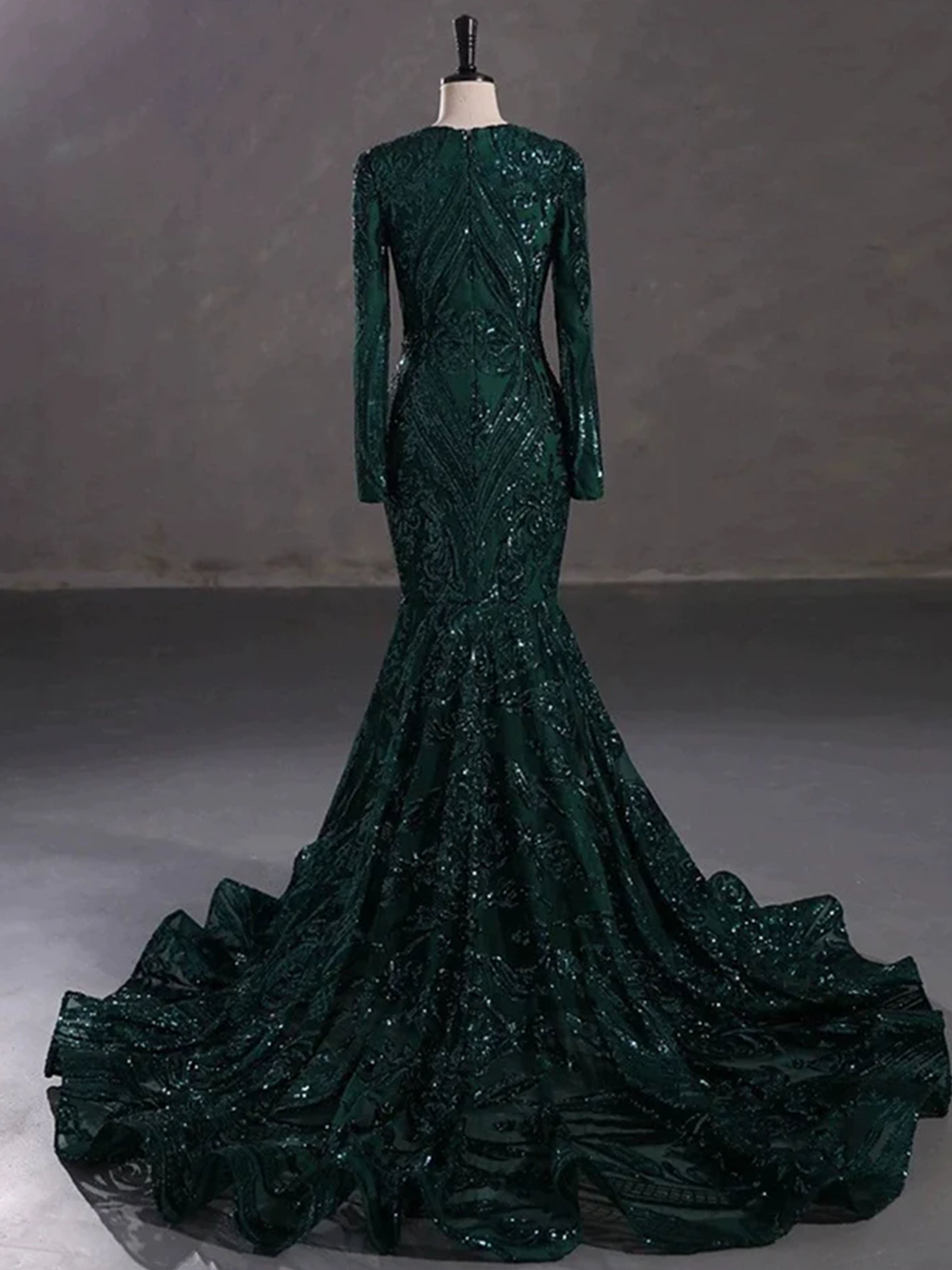Robe de Bal VERT_FONCE Magnifique Style Sirène/Trumpet à Manches Longues en Dentelle et Paillettes