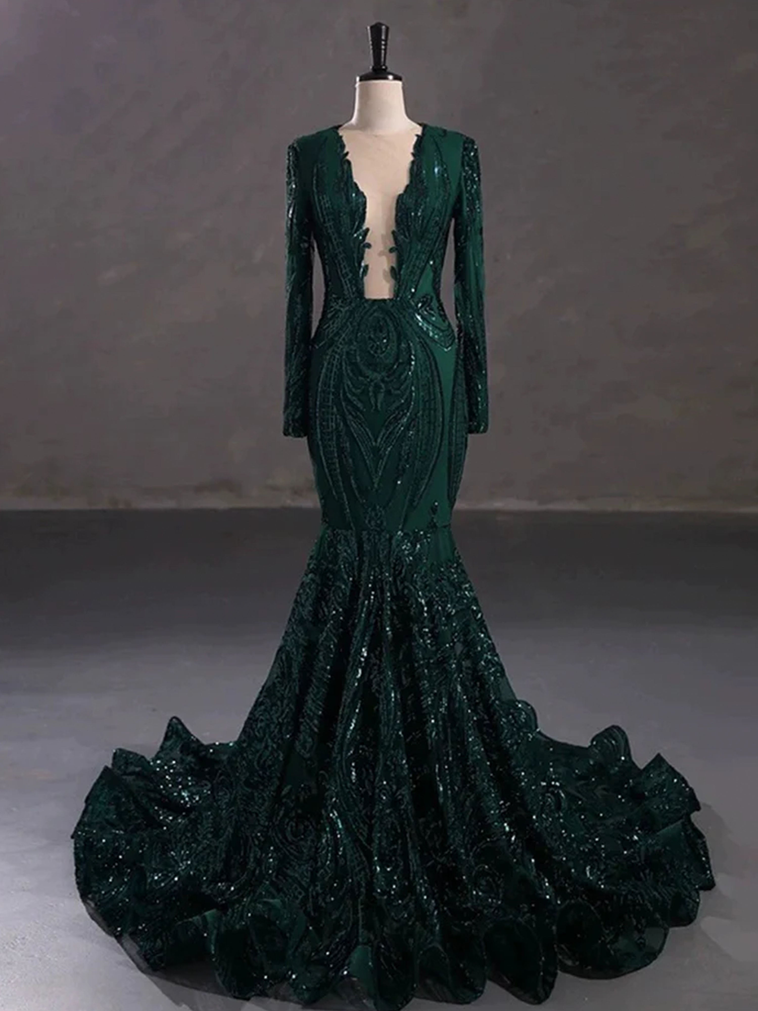 Robe de Bal VERT_FONCE Magnifique Style Sirène/Trumpet à Manches Longues en Dentelle et Paillettes
