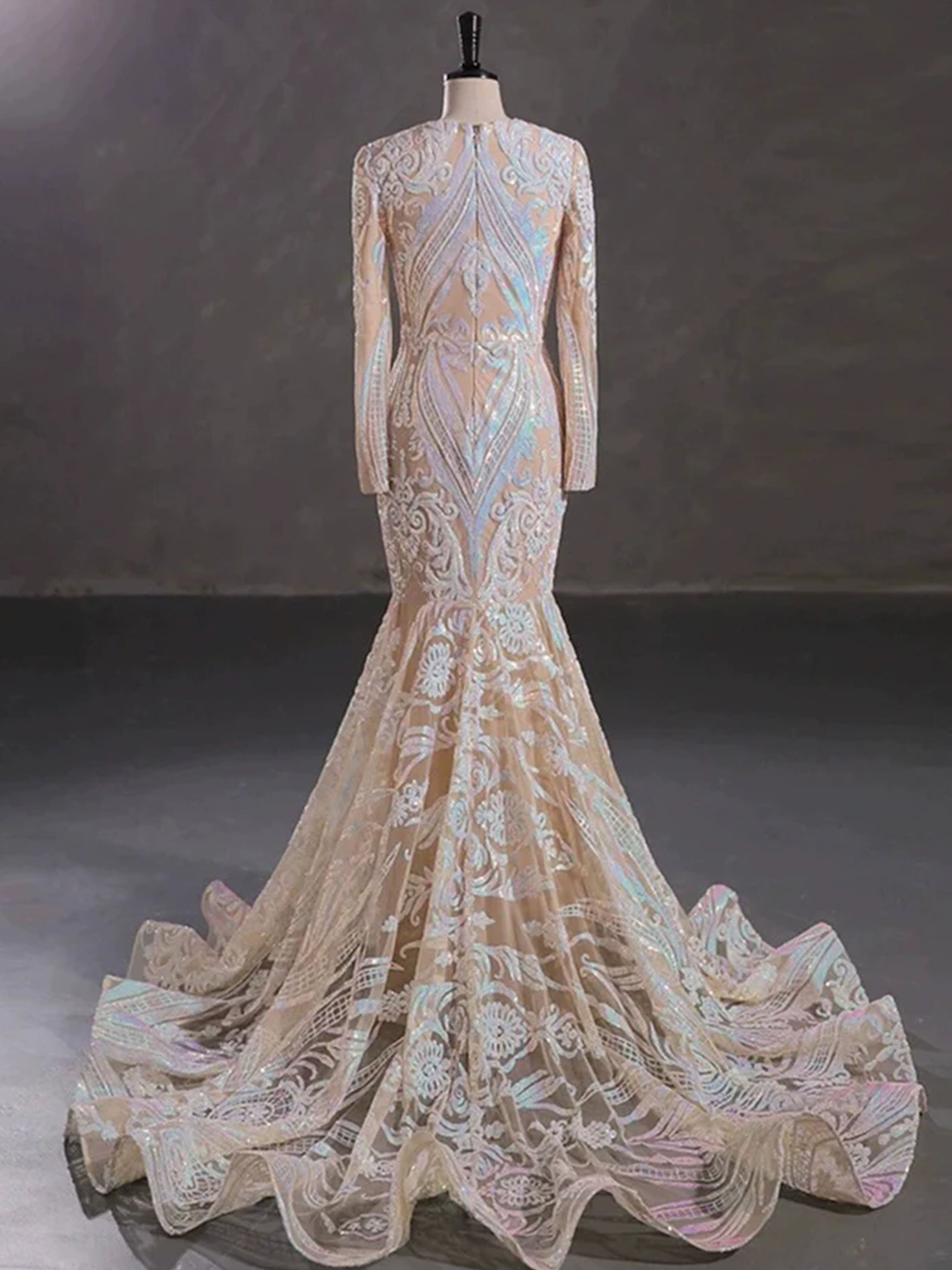 Robe de Bal Champagne Magnifique Style Sirène/Trumpet à Manches Longues en Dentelle et Paillettes