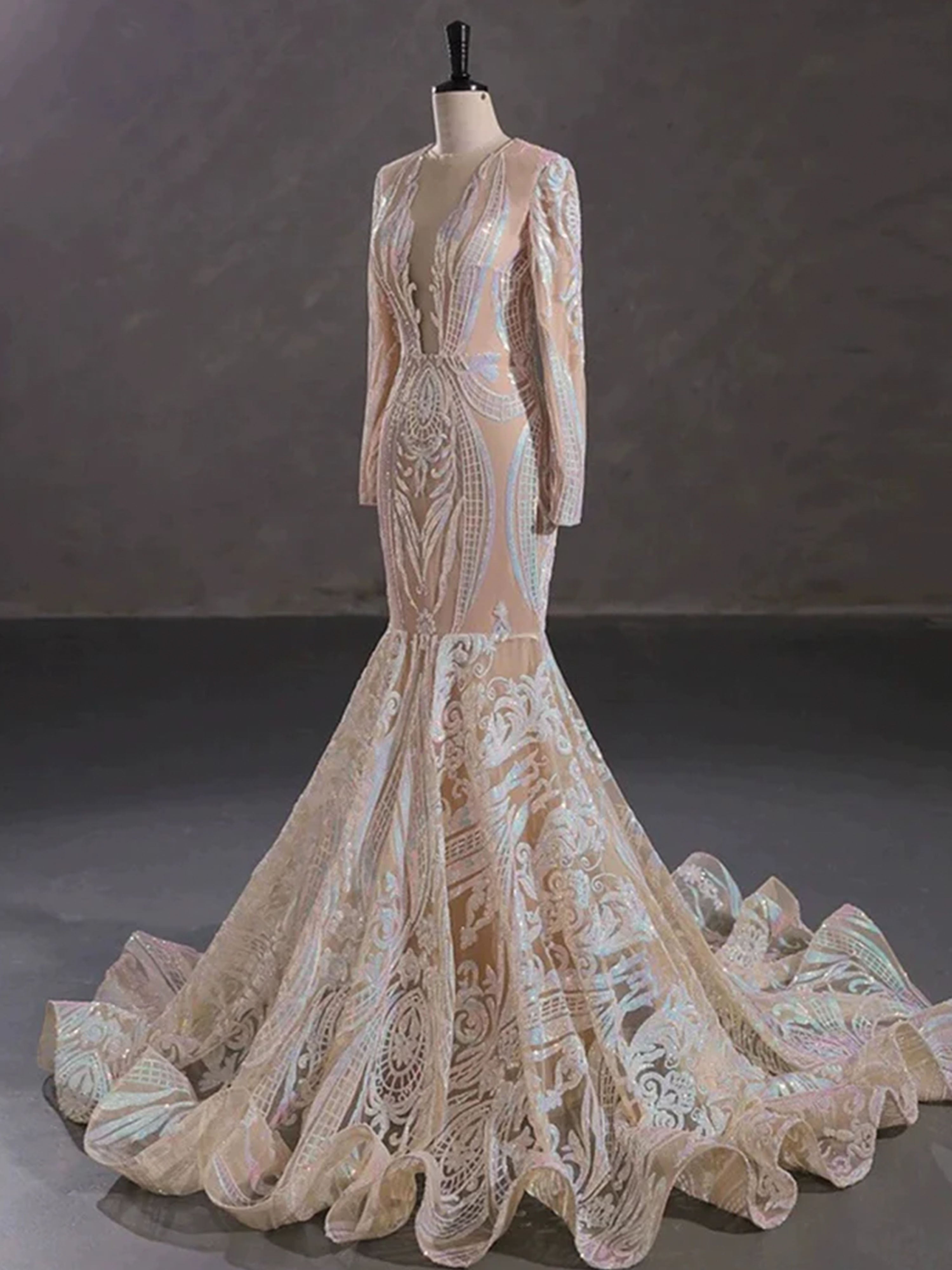 Robe de Bal Champagne Magnifique Style Sirène/Trumpet à Manches Longues en Dentelle et Paillettes