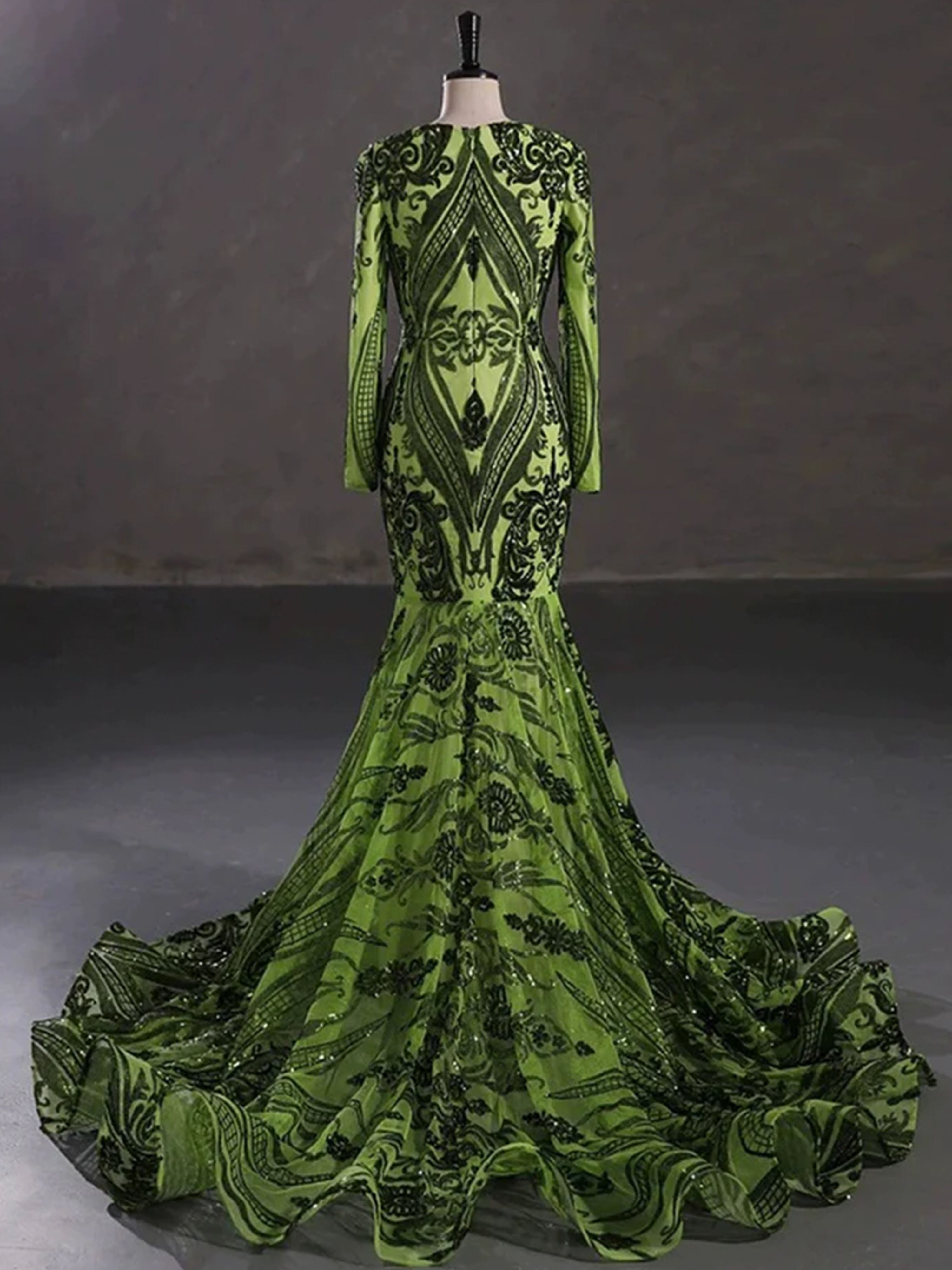 Robe de Bal TREFLE Magnifique Style Sirène/Trumpet à Manches Longues en Dentelle et Paillettes