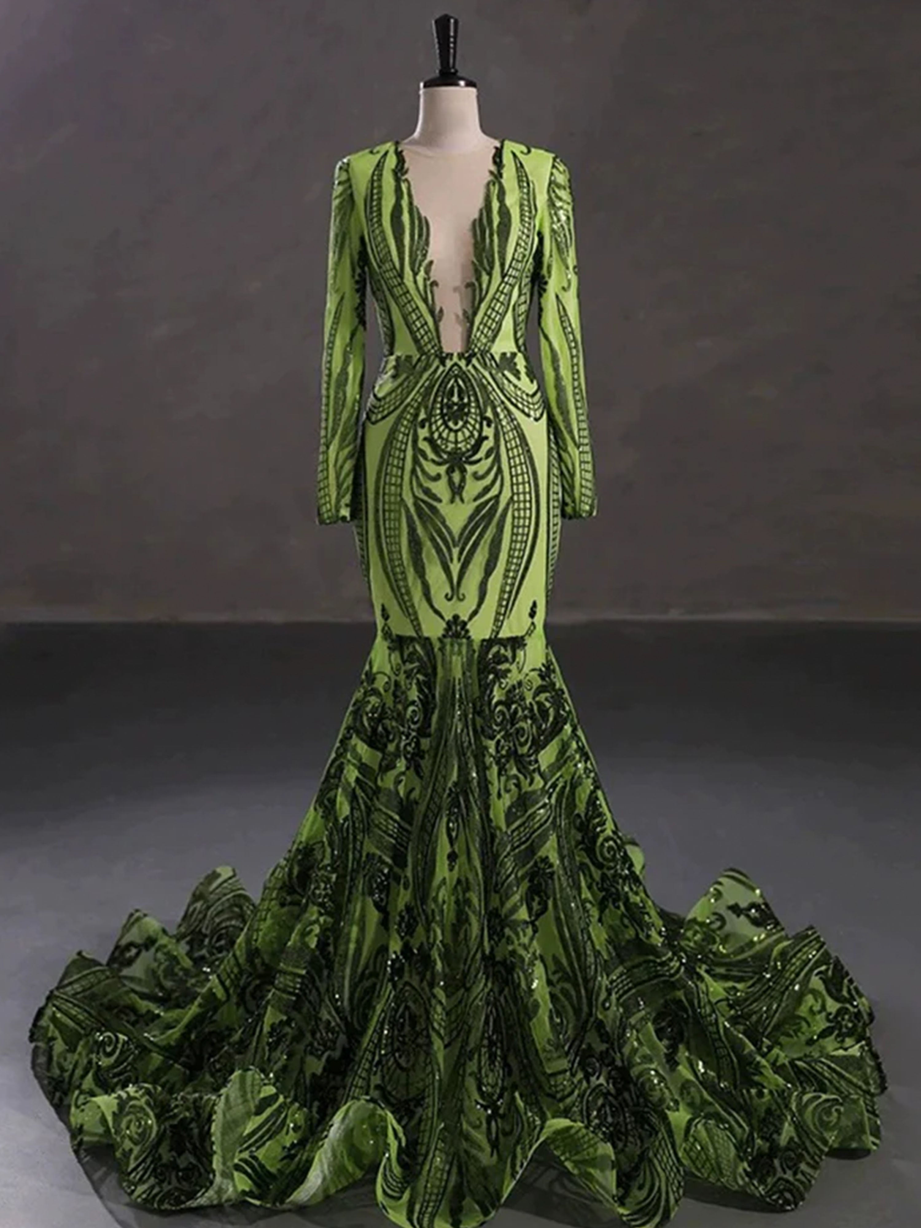 Robe de Bal TREFLE Magnifique Style Sirène/Trumpet à Manches Longues en Dentelle et Paillettes
