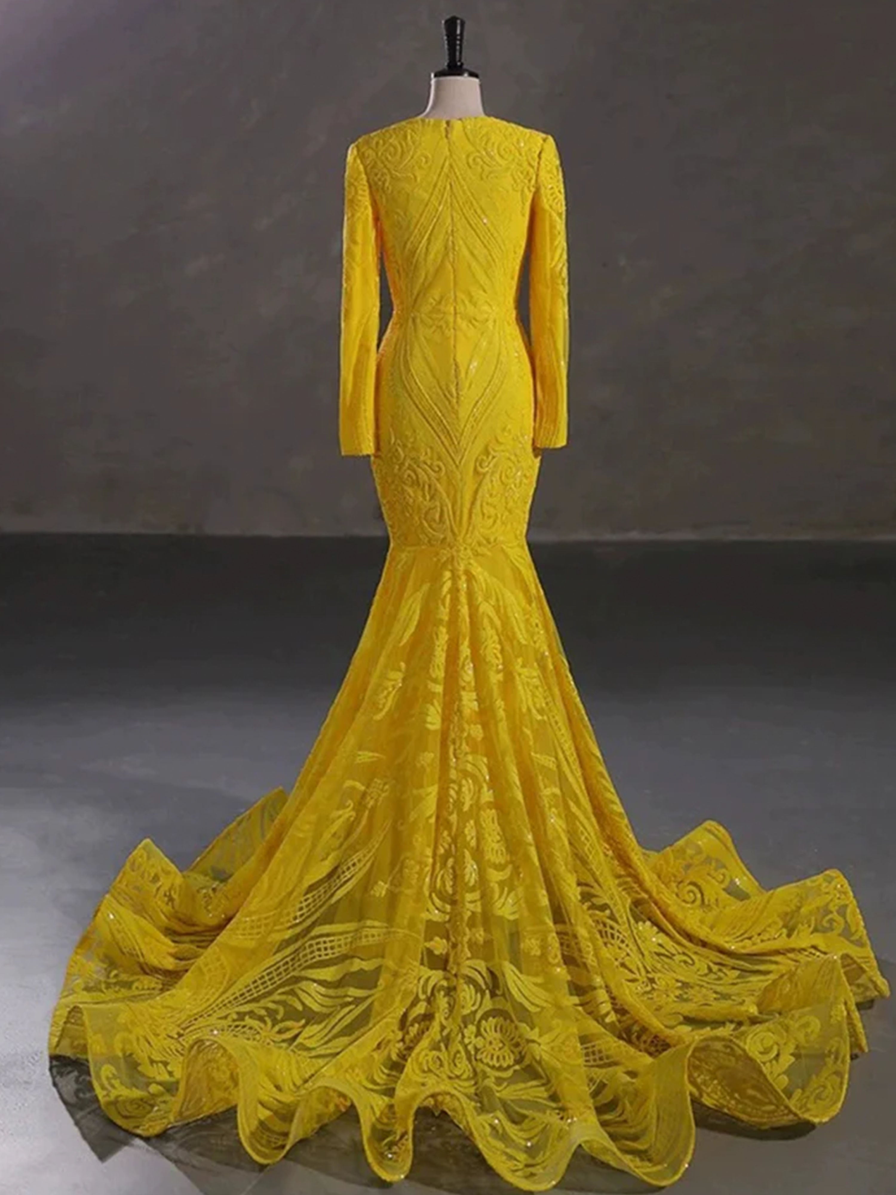 Robe de Bal JAUNE Magnifique Style Sirène/Trumpet à Manches Longues en Dentelle et Paillettes