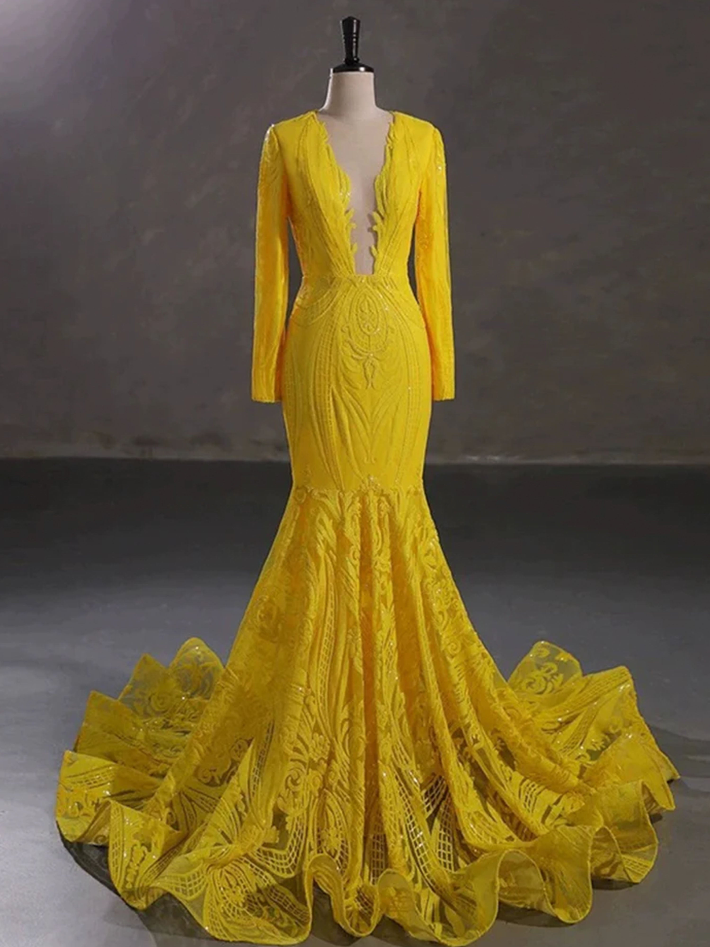 Robe de Bal JAUNE Magnifique Style Sirène/Trumpet à Manches Longues en Dentelle et Paillettes