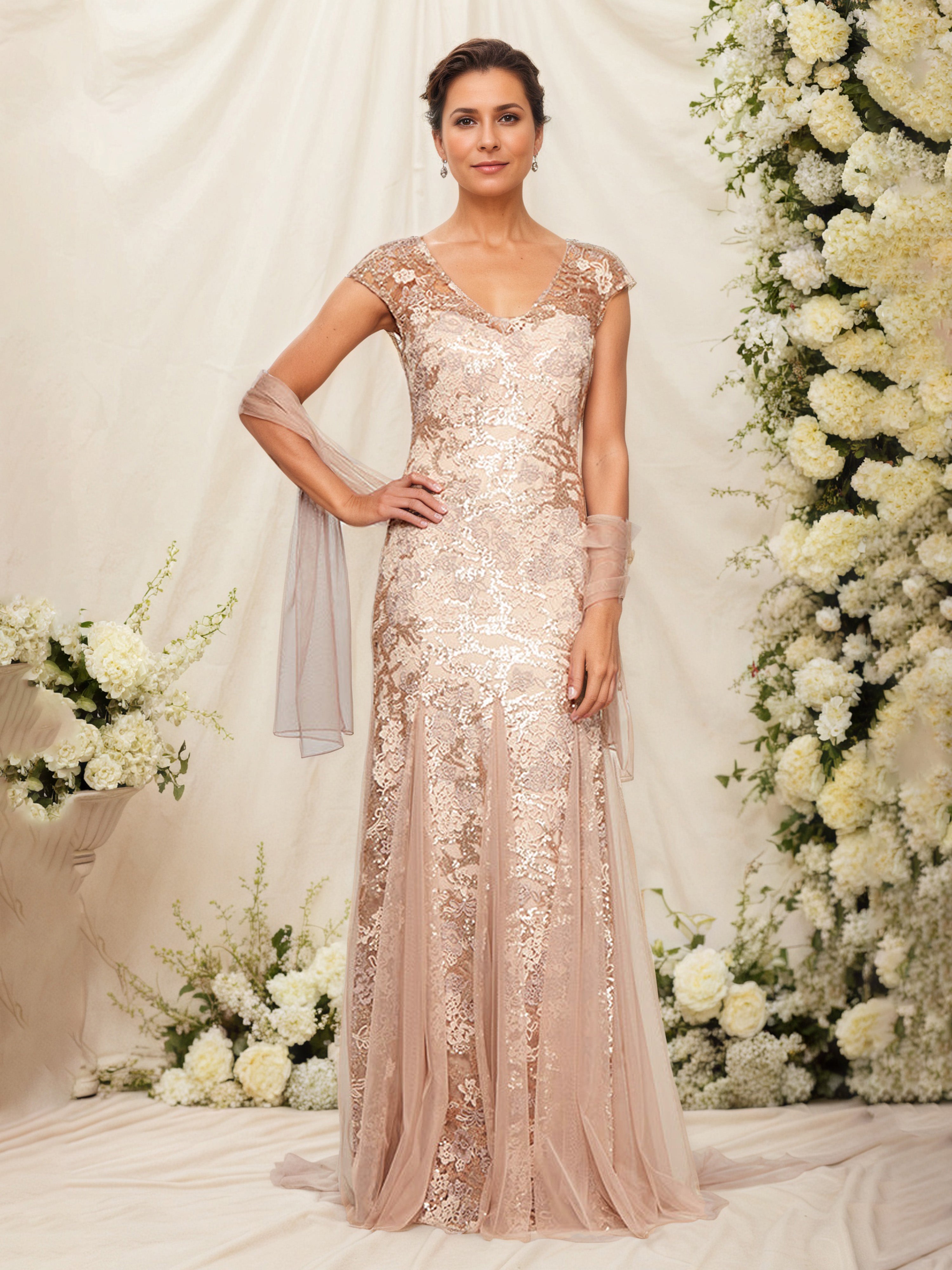 Robe Mère de la Mariée CHAMPAGNE Fourreau/Colonne Col en V Manchette Brodée avec Châle