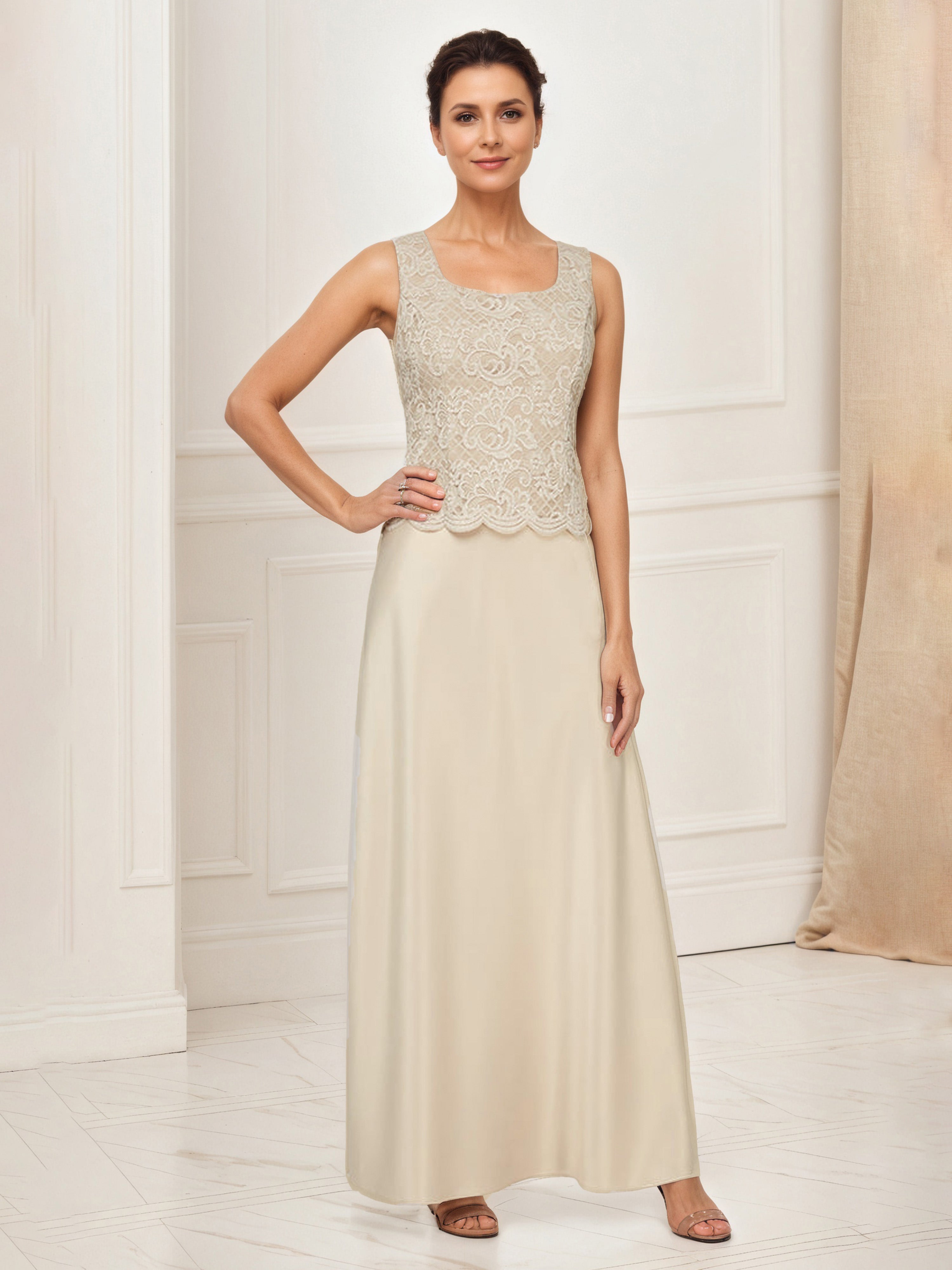 Tenue Mère De la Mariée Très Chic CHAMPAGNE Col Rond Robe Ensemble Manches 3/4 Avec Veste en Dentelle