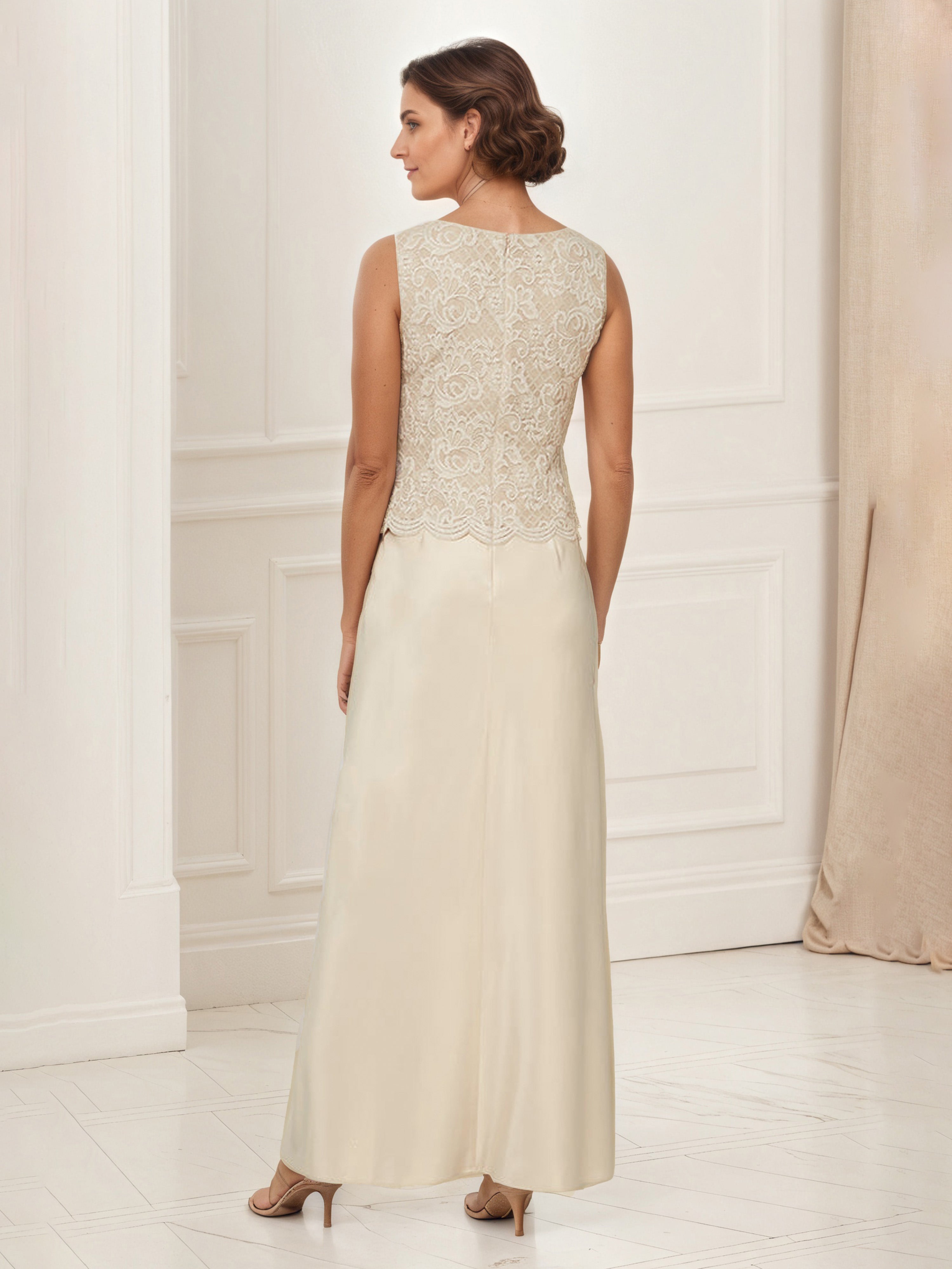 Tenue Mère De la Mariée Très Chic CHAMPAGNE Col Rond Robe Ensemble Manches 3/4 Avec Veste en Dentelle