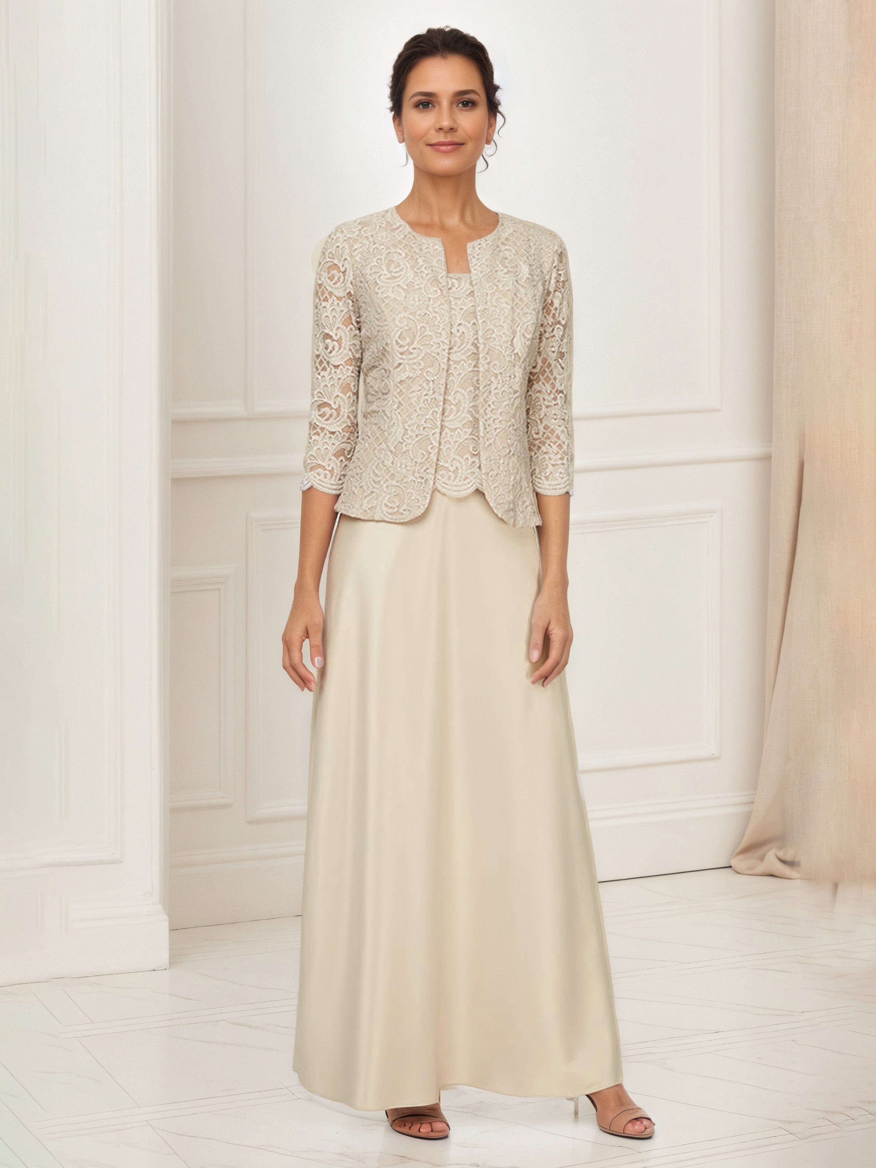 Tenue Mère De la Mariée Très Chic CHAMPAGNE Col Rond Robe Ensemble Manches 3/4 Avec Veste en Dentelle