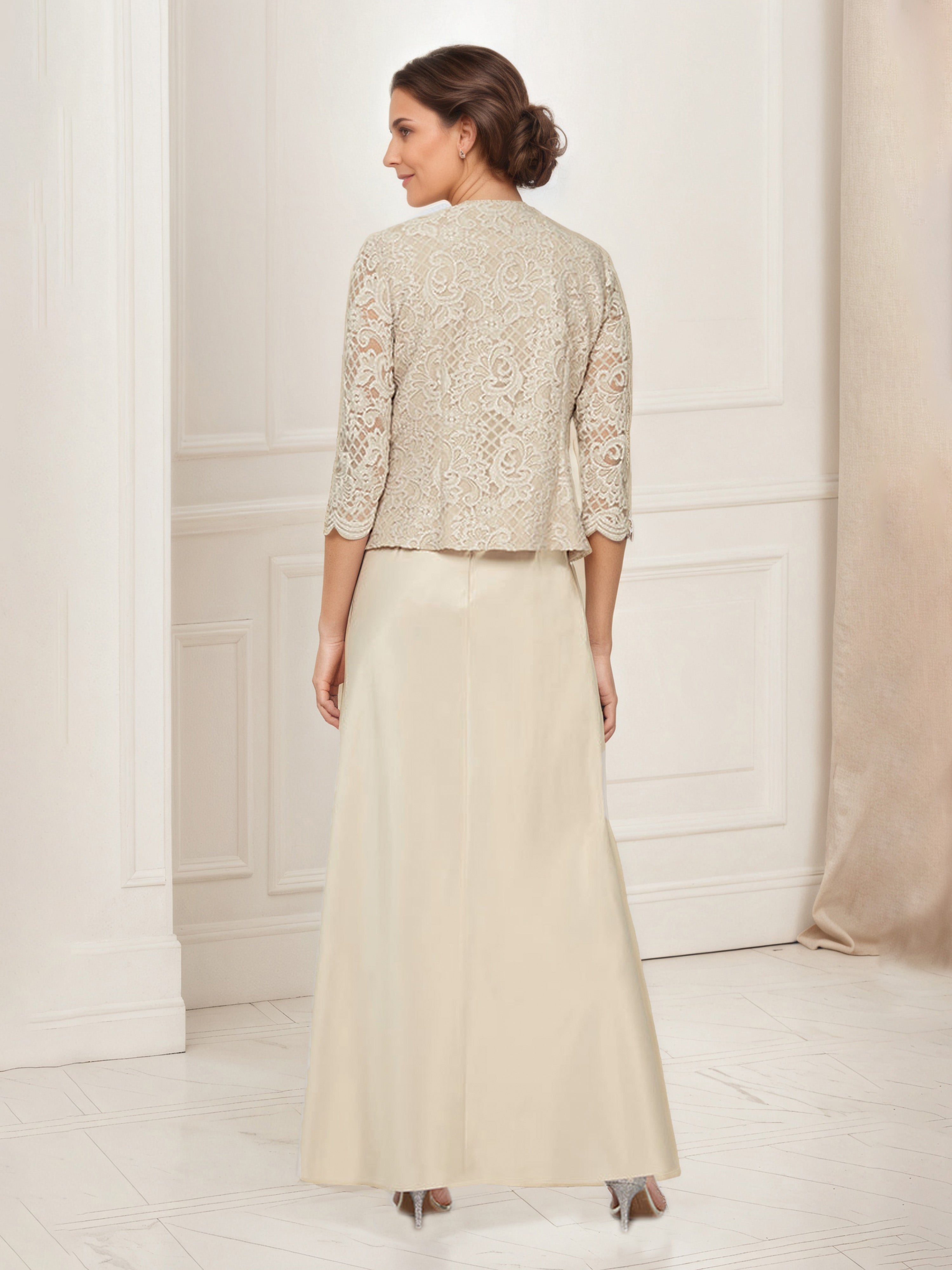Tenue Mère De la Mariée Très Chic CHAMPAGNE Col Rond Robe Ensemble Manches 3/4 Avec Veste en Dentelle