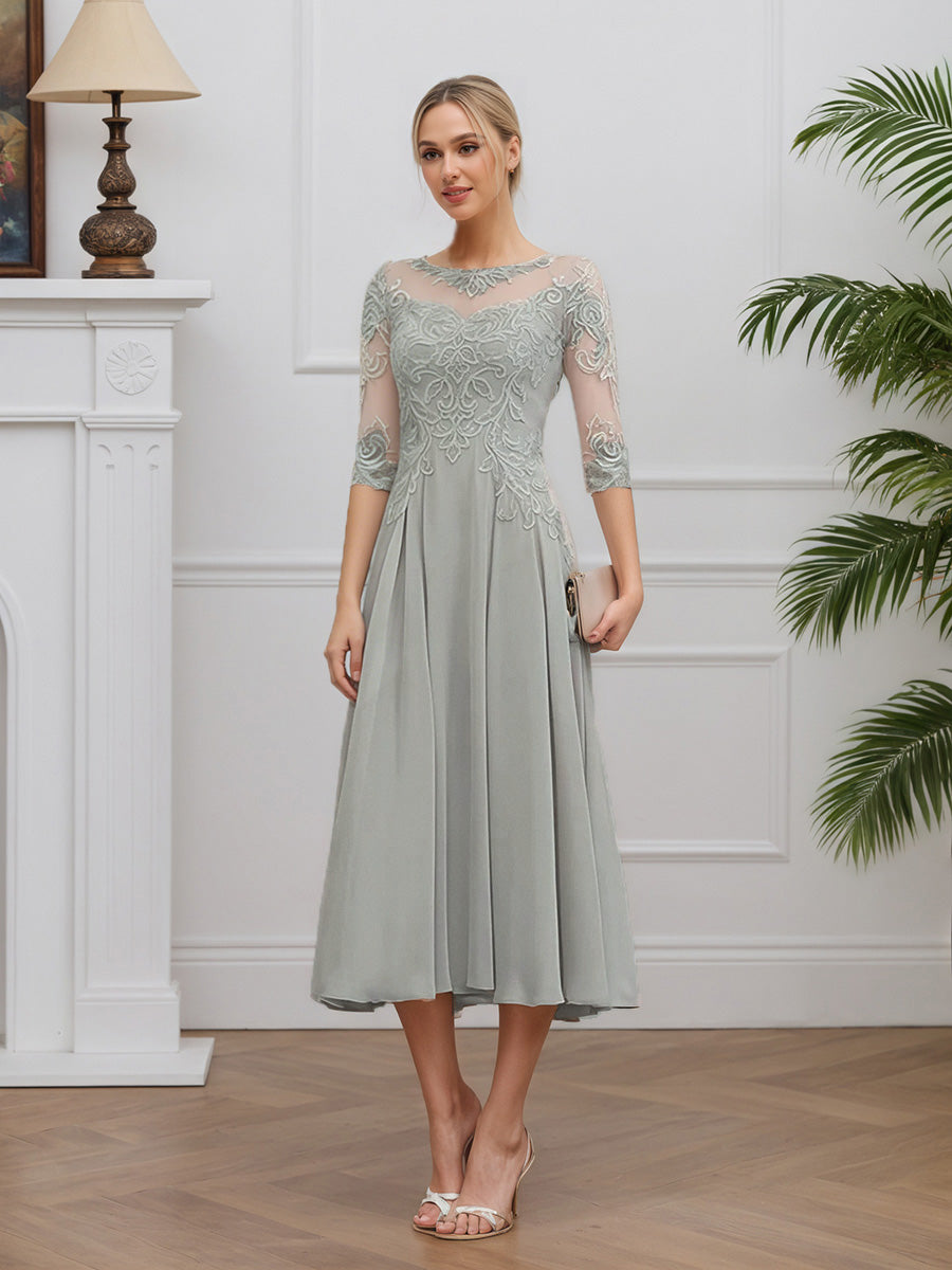 Cicinia Argent Robe pour Mère de la Mariée Longue en Mousseline et Dentelle A-Line Longueur Midi (Thé)