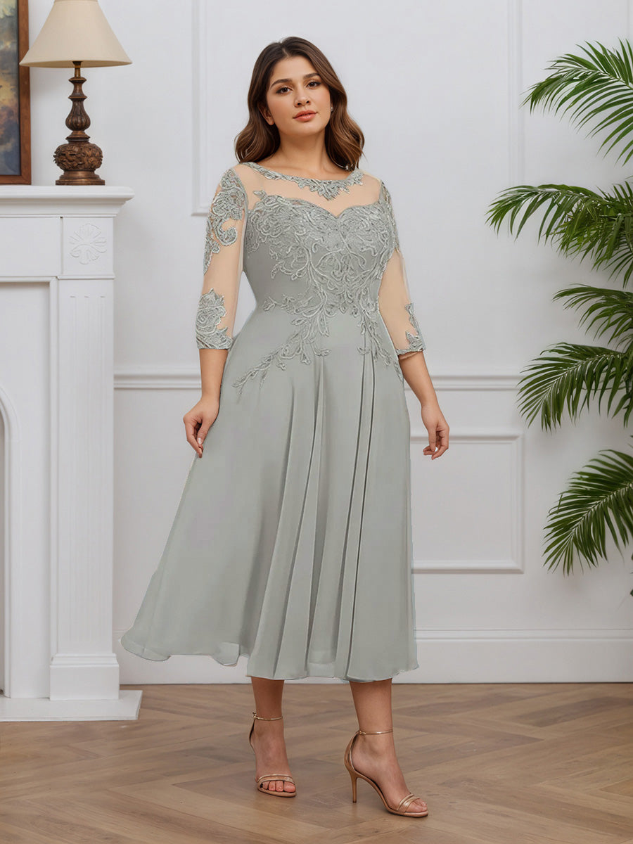 Cicinia Argent Robe pour Mère de la Mariée Longue en Mousseline et Dentelle A-Line Longueur Midi (Thé) Grande Taille