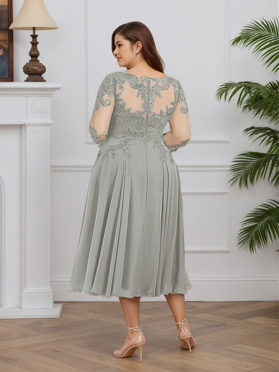 Cicinia Argent Robe pour Mère de la Mariée Longue en Mousseline et Dentelle A-Line Longueur Midi (Thé) Grande Taille