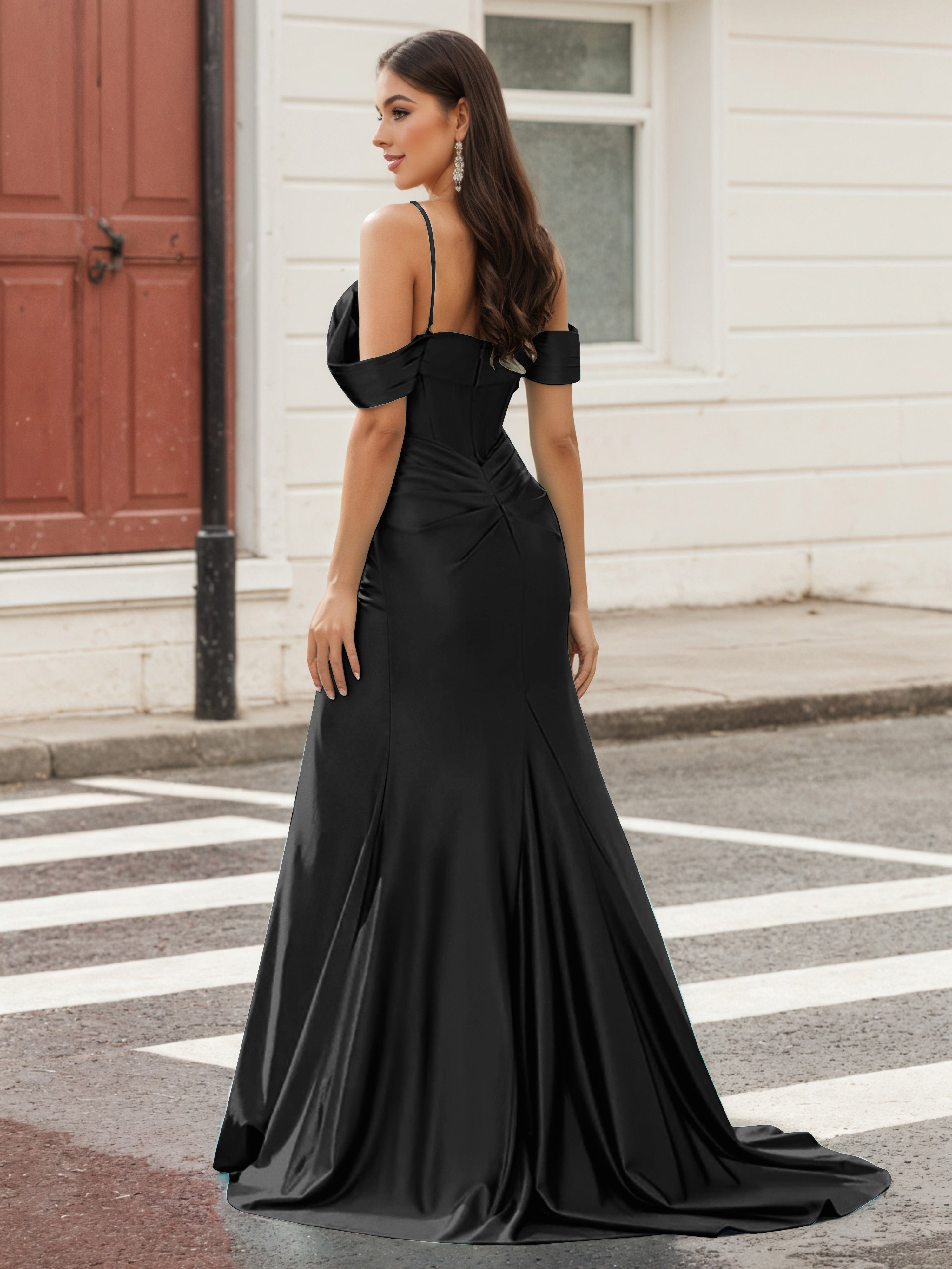 Cicinia Noir Robe de Soirée Longue en Tissu Extensible Fourreau à Bretelles Spaghetti Perlé Fente
