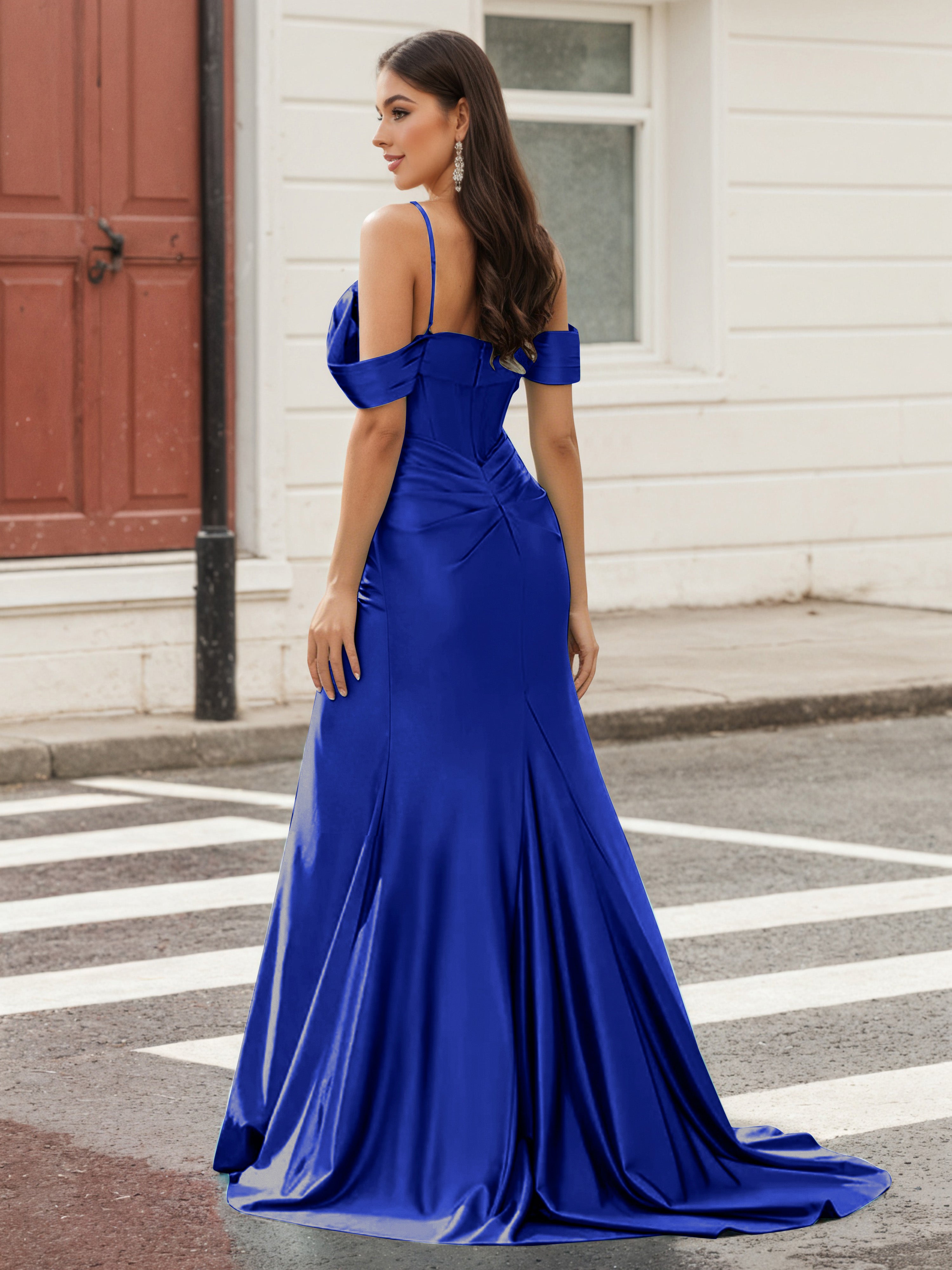 Cicinia BLEU ROYALE Robe de Soirée Longue en Tissu Extensible Fourreau à Bretelles Spaghetti Perlé Fente