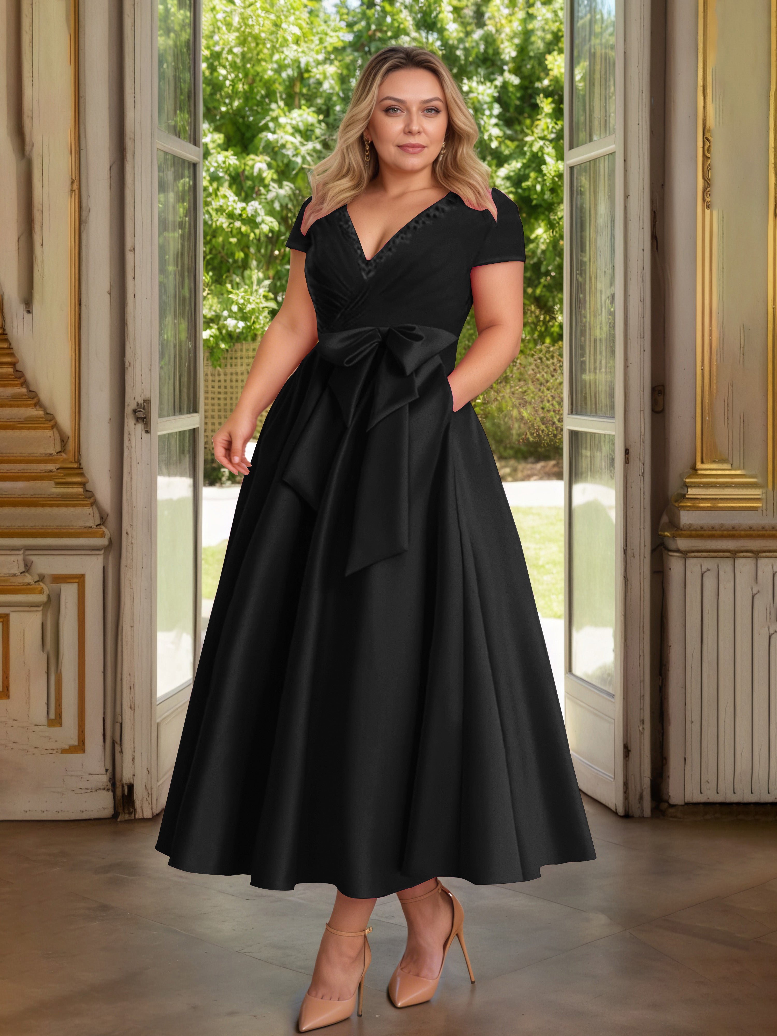 Cicinia Noir Cicinia Robe Grande Taille Mère De La Mariée Longue A-Line En Satin Perlé Décolleté En V Longueur Cheville