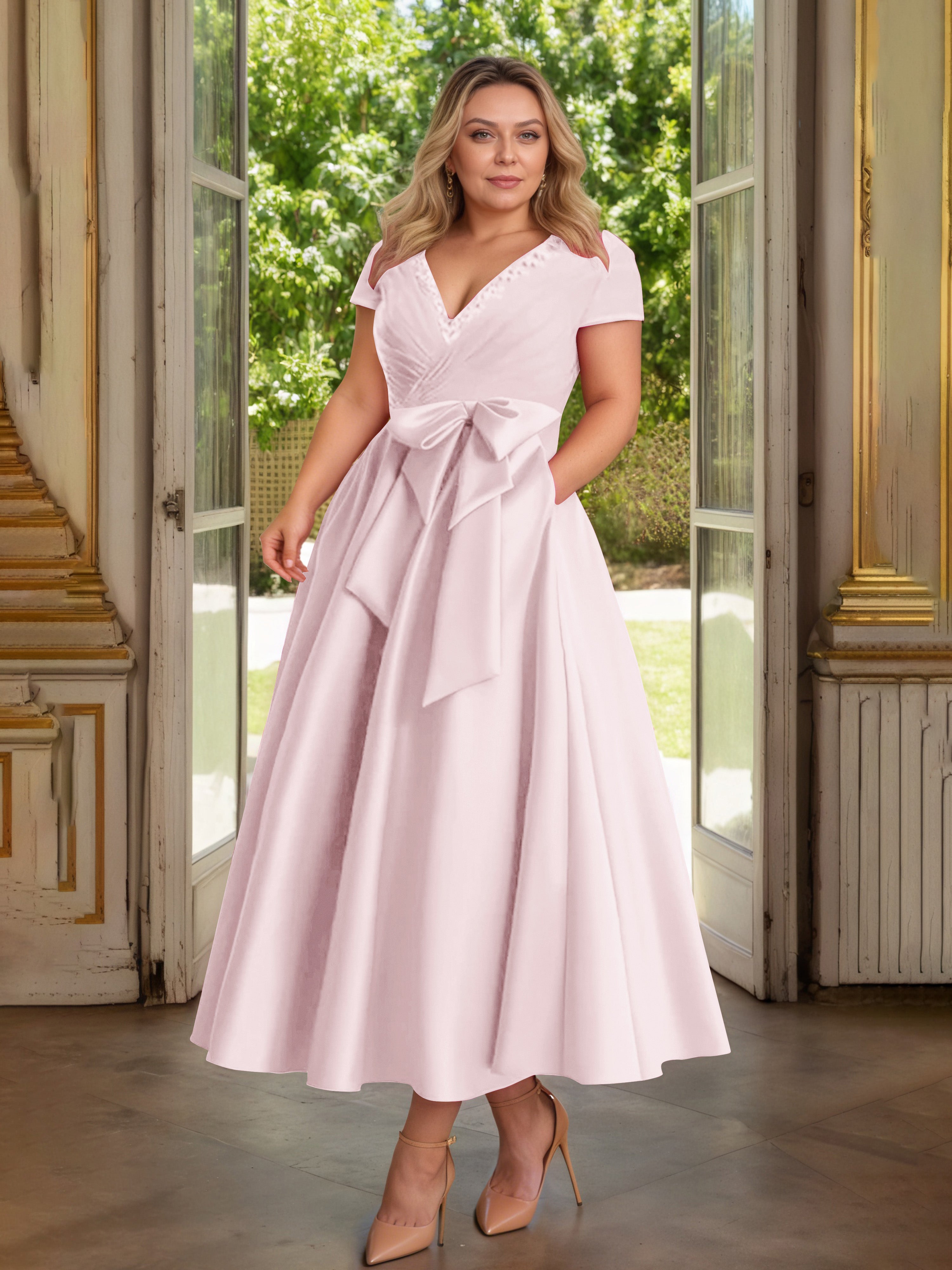 Cicinia Rose Pâle Cicinia Robe Grande Taille Mère De La Mariée Longue A-Line En Satin Perlé Décolleté En V Longueur Cheville