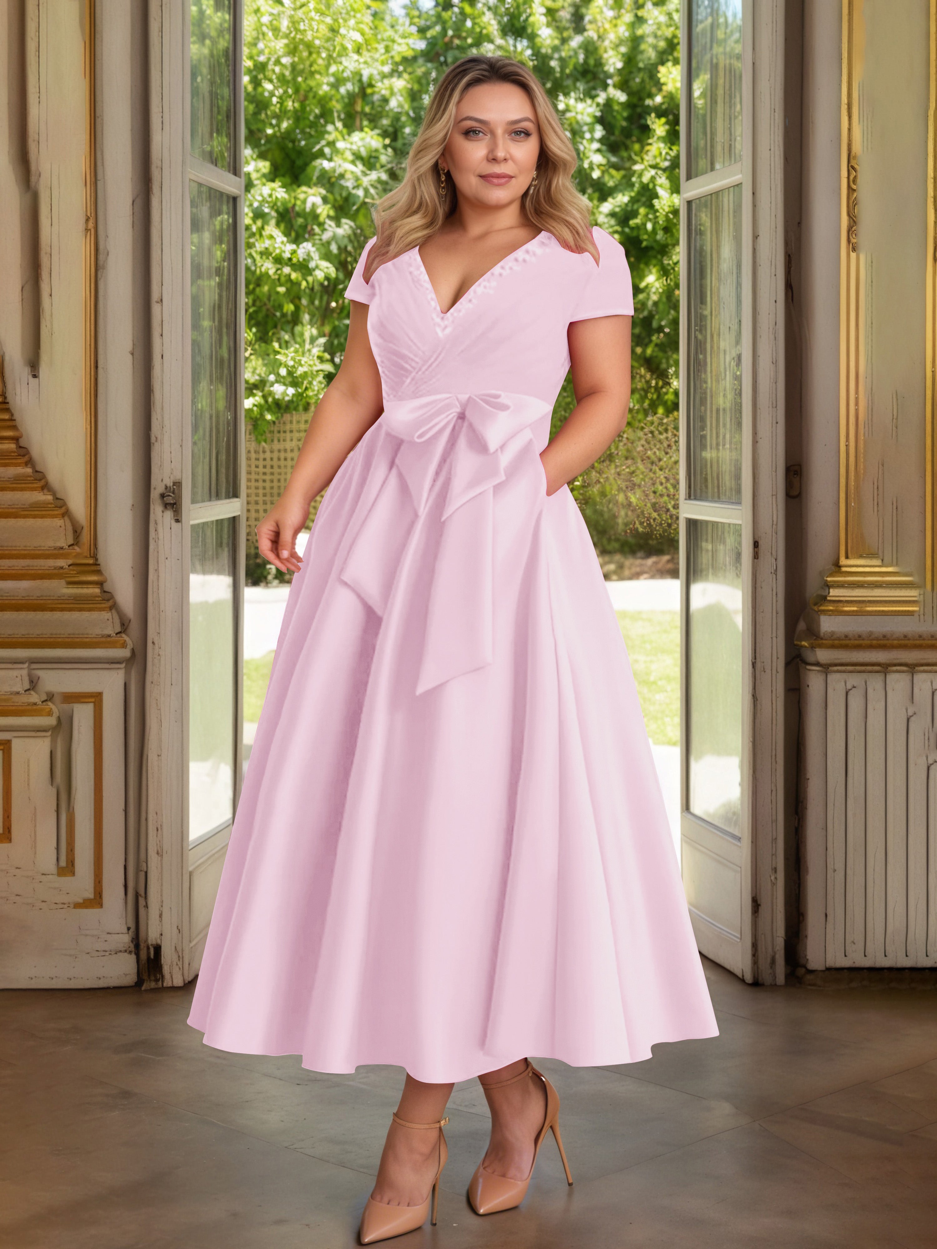 Cicinia Rose Bonbon Cicinia Robe Grande Taille Mère De La Mariée Longue A-Line En Satin Perlé Décolleté En V Longueur Cheville