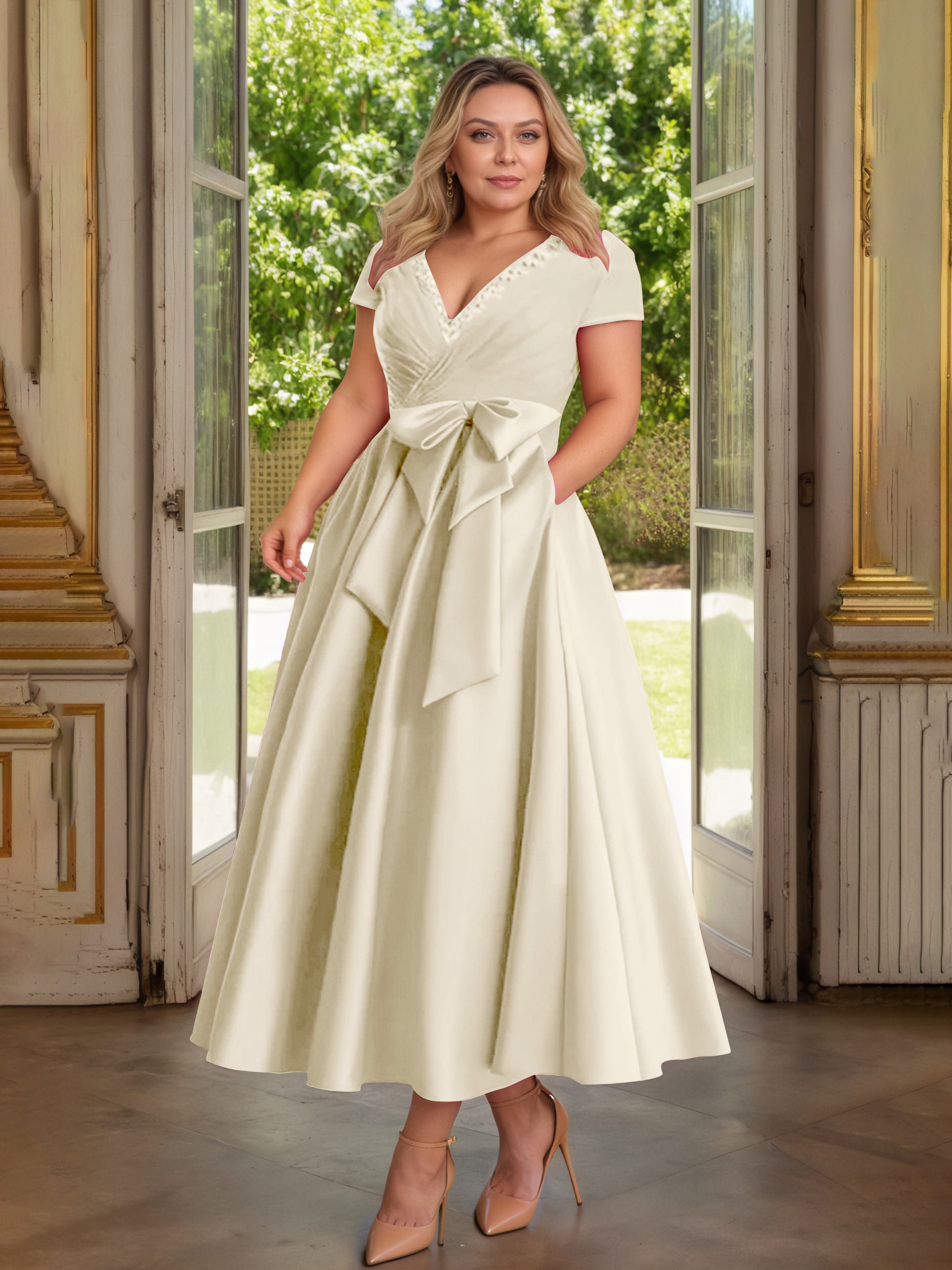 Cicinia Champagne Cicinia Robe Grande Taille Mère De La Mariée Longue A-Line En Satin Perlé Décolleté En V Longueur Cheville