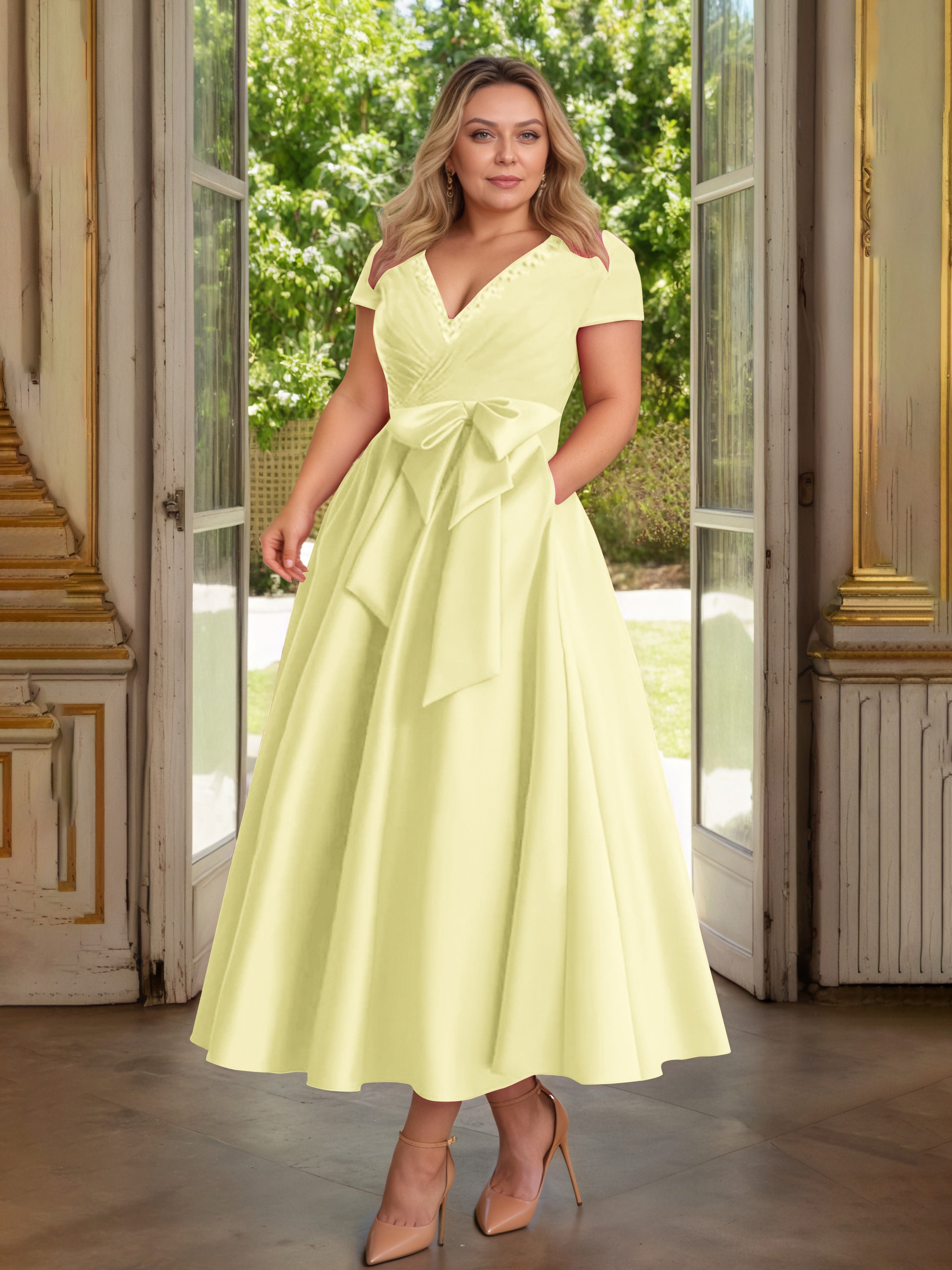 Cicinia Jonquille Cicinia Robe Grande Taille Mère De La Mariée Longue A-Line En Satin Perlé Décolleté En V Longueur Cheville