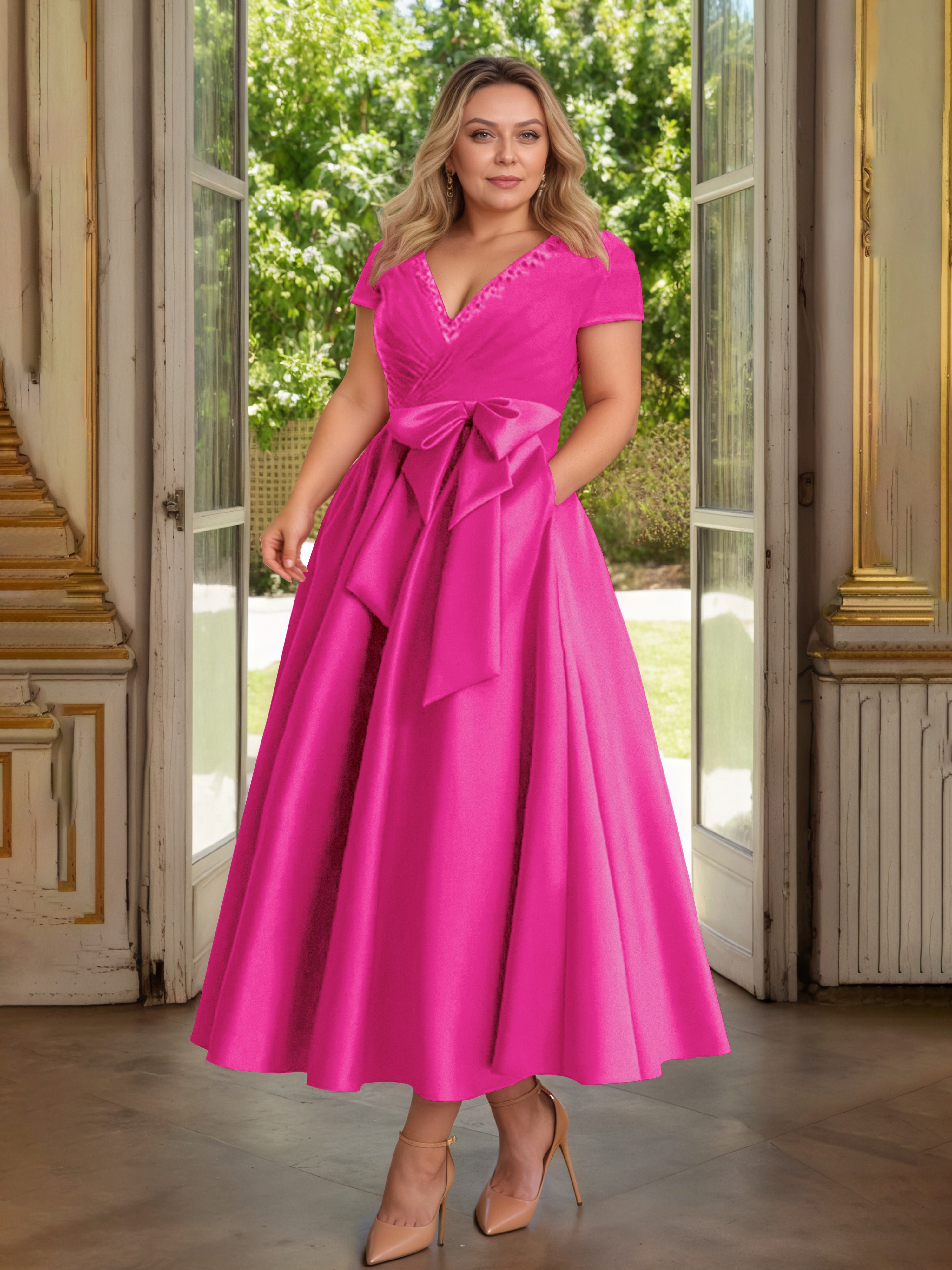 Cicinia Fuchsia Cicinia Robe Grande Taille Mère De La Mariée Longue A-Line En Satin Perlé Décolleté En V Longueur Cheville