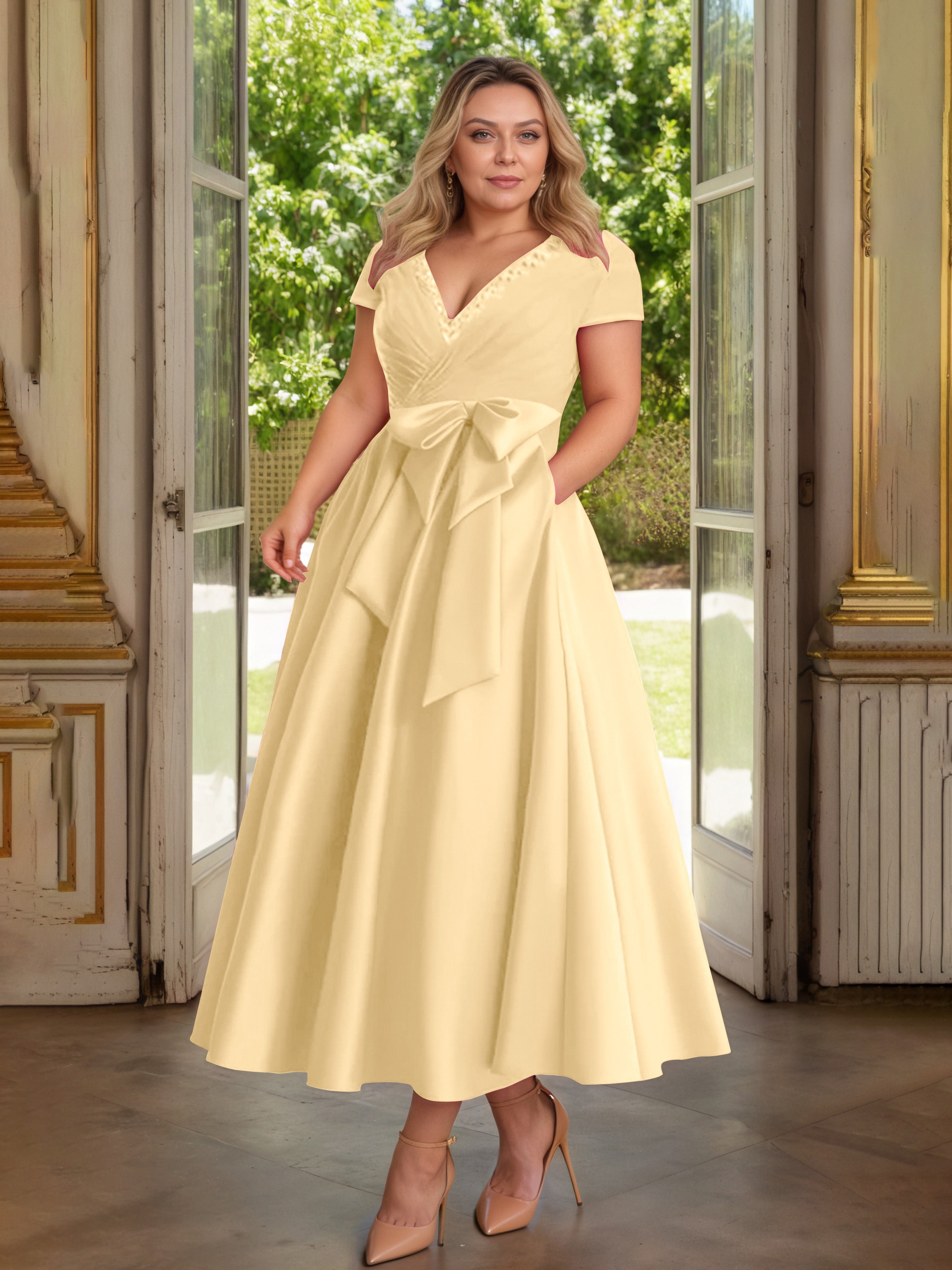 Cicinia Or Cicinia Robe Grande Taille Mère De La Mariée Longue A-Line En Satin Perlé Décolleté En V Longueur Cheville