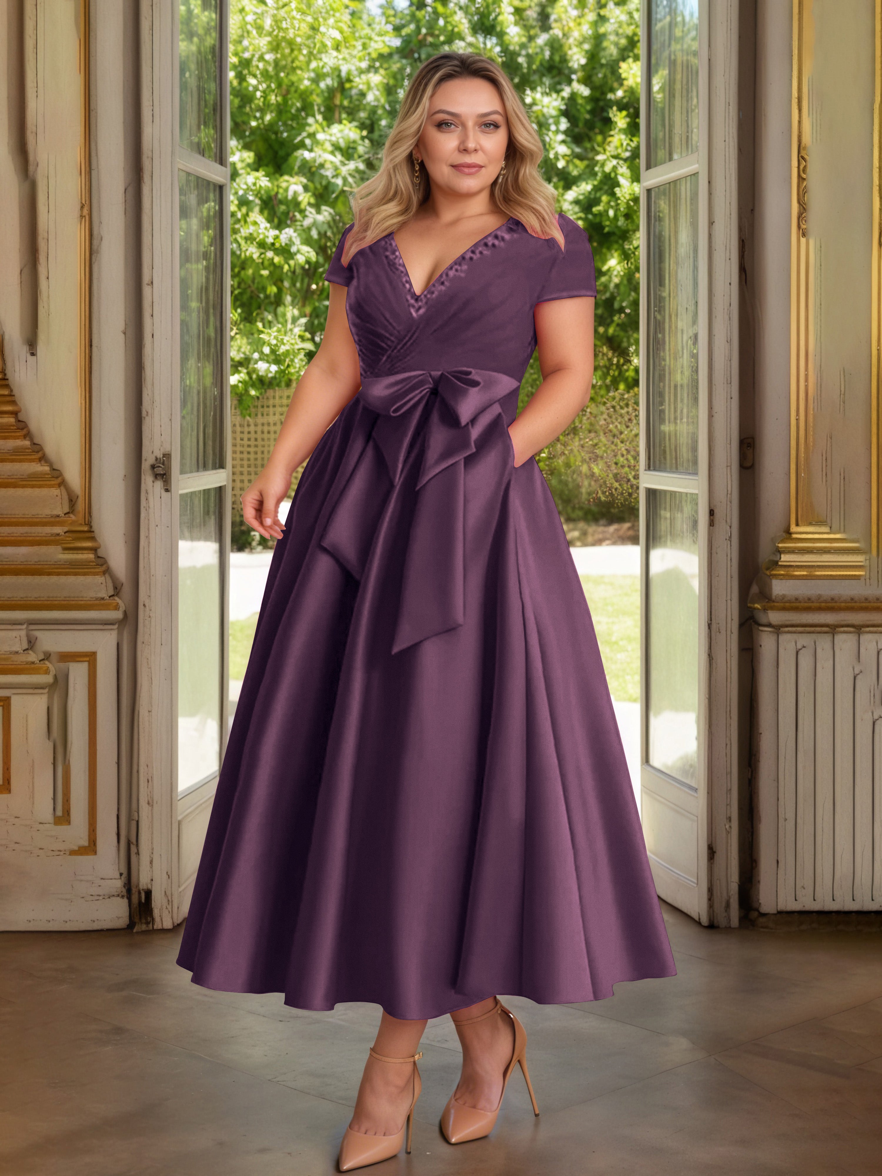 Cicinia Raisin Cicinia Robe Grande Taille Mère De La Mariée Longue A-Line En Satin Perlé Décolleté En V Longueur Cheville