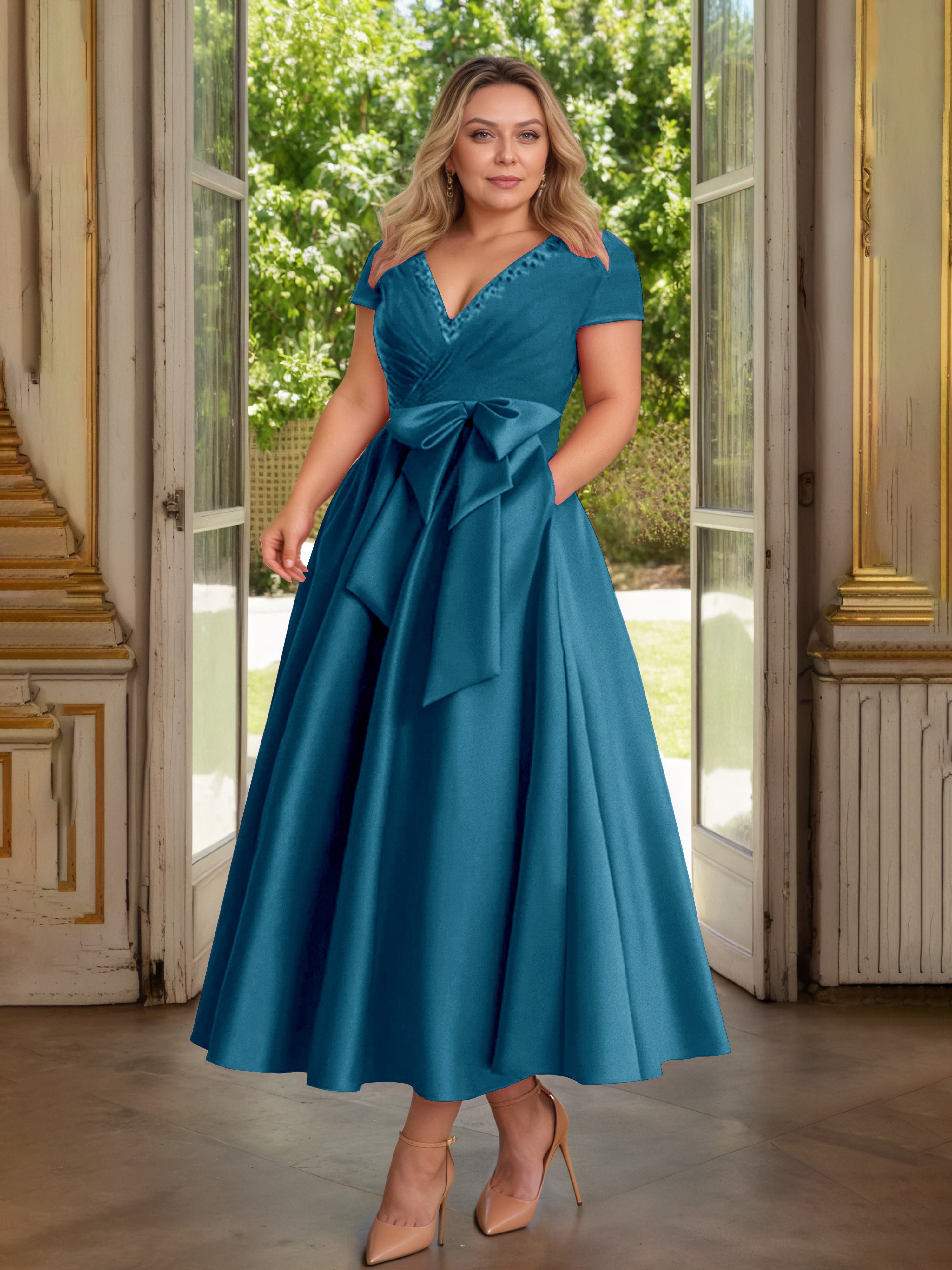 Cicinia Bleu Encre Cicinia Robe Grande Taille Mère De La Mariée Longue A-Line En Satin Perlé Décolleté En V Longueur Cheville