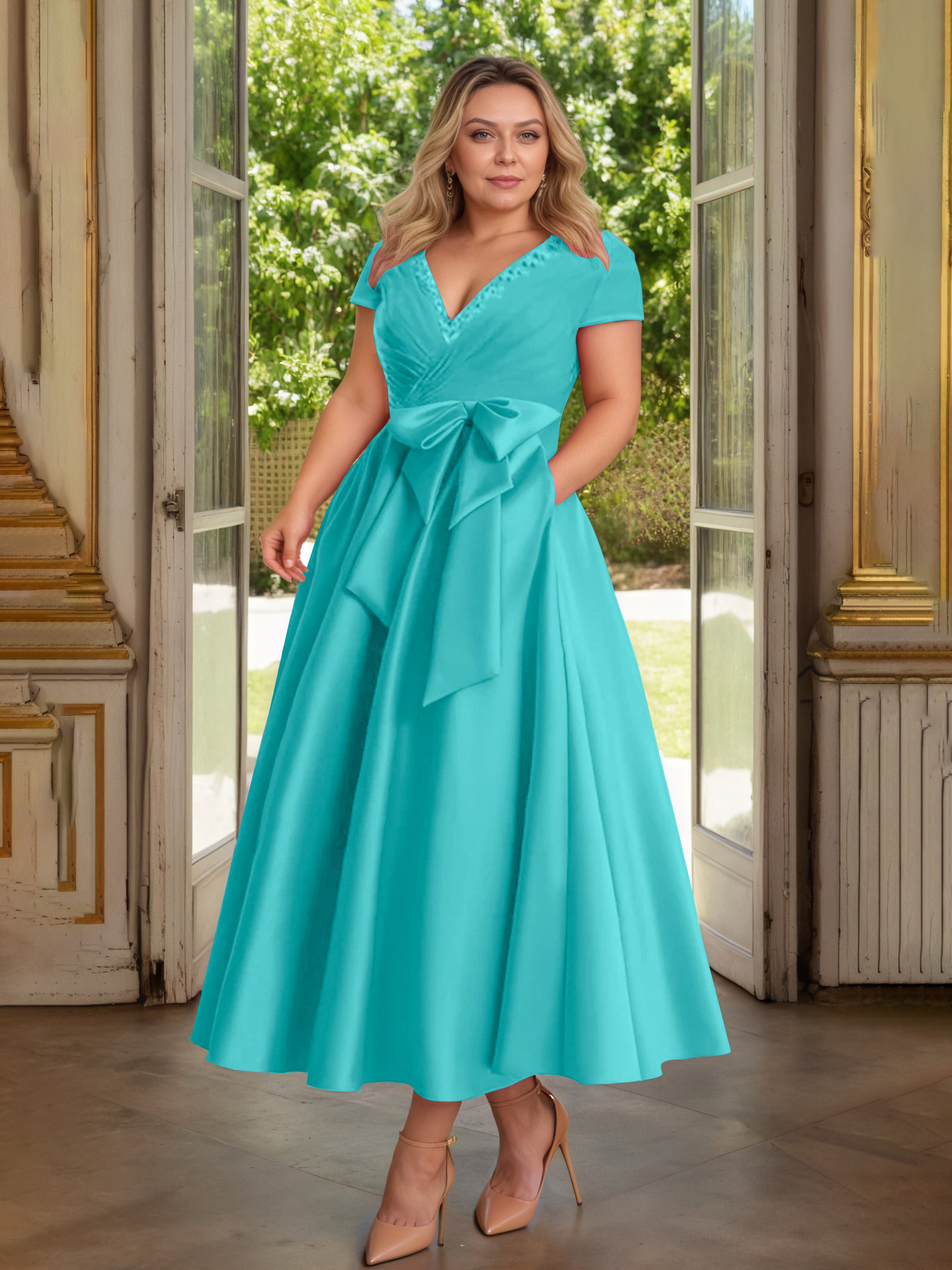 Cicinia Jade Cicinia Robe Grande Taille Mère De La Mariée Longue A-Line En Satin Perlé Décolleté En V Longueur Cheville