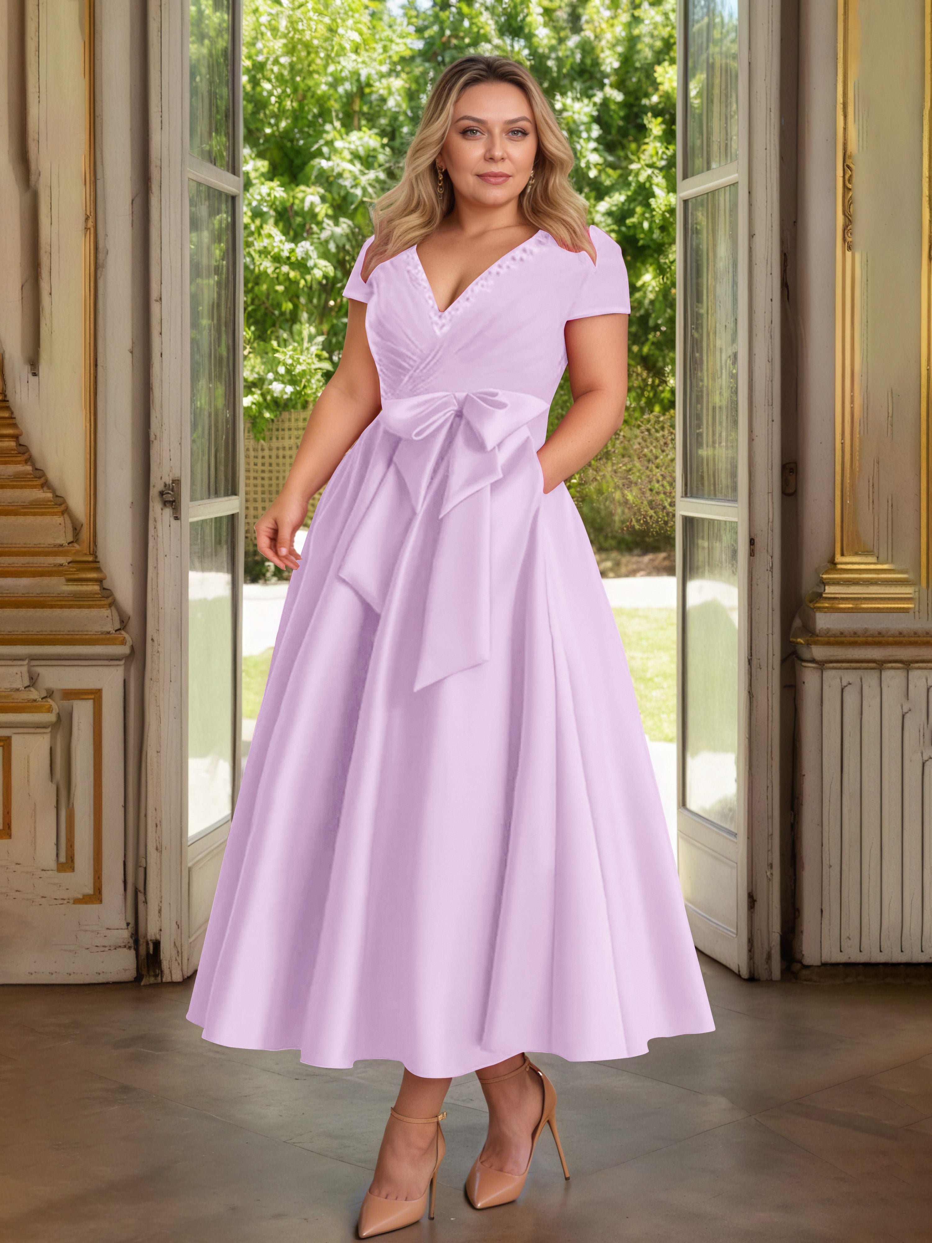Cicinia Lilas Cicinia Robe Grande Taille Mère De La Mariée Longue A-Line En Satin Perlé Décolleté En V Longueur Cheville