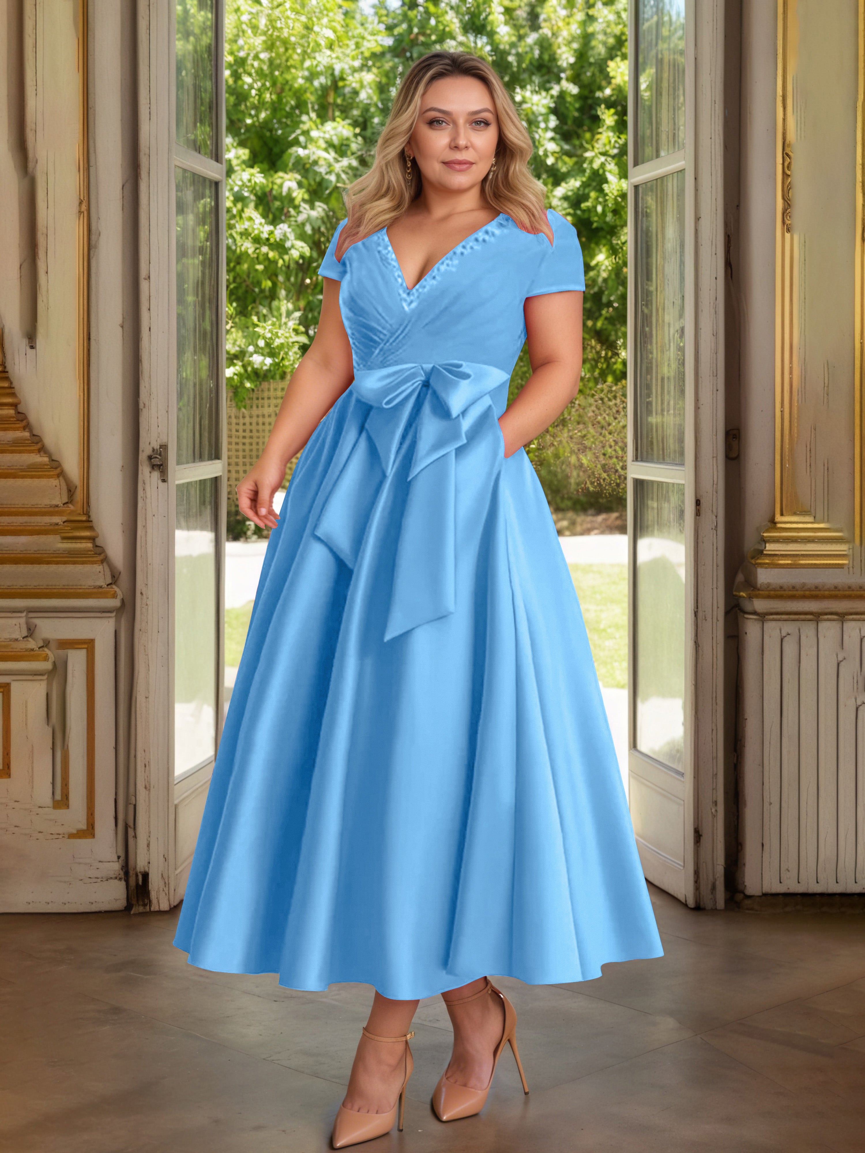 Cicinia Bleu Océan Cicinia Robe Grande Taille Mère De La Mariée Longue A-Line En Satin Perlé Décolleté En V Longueur Cheville