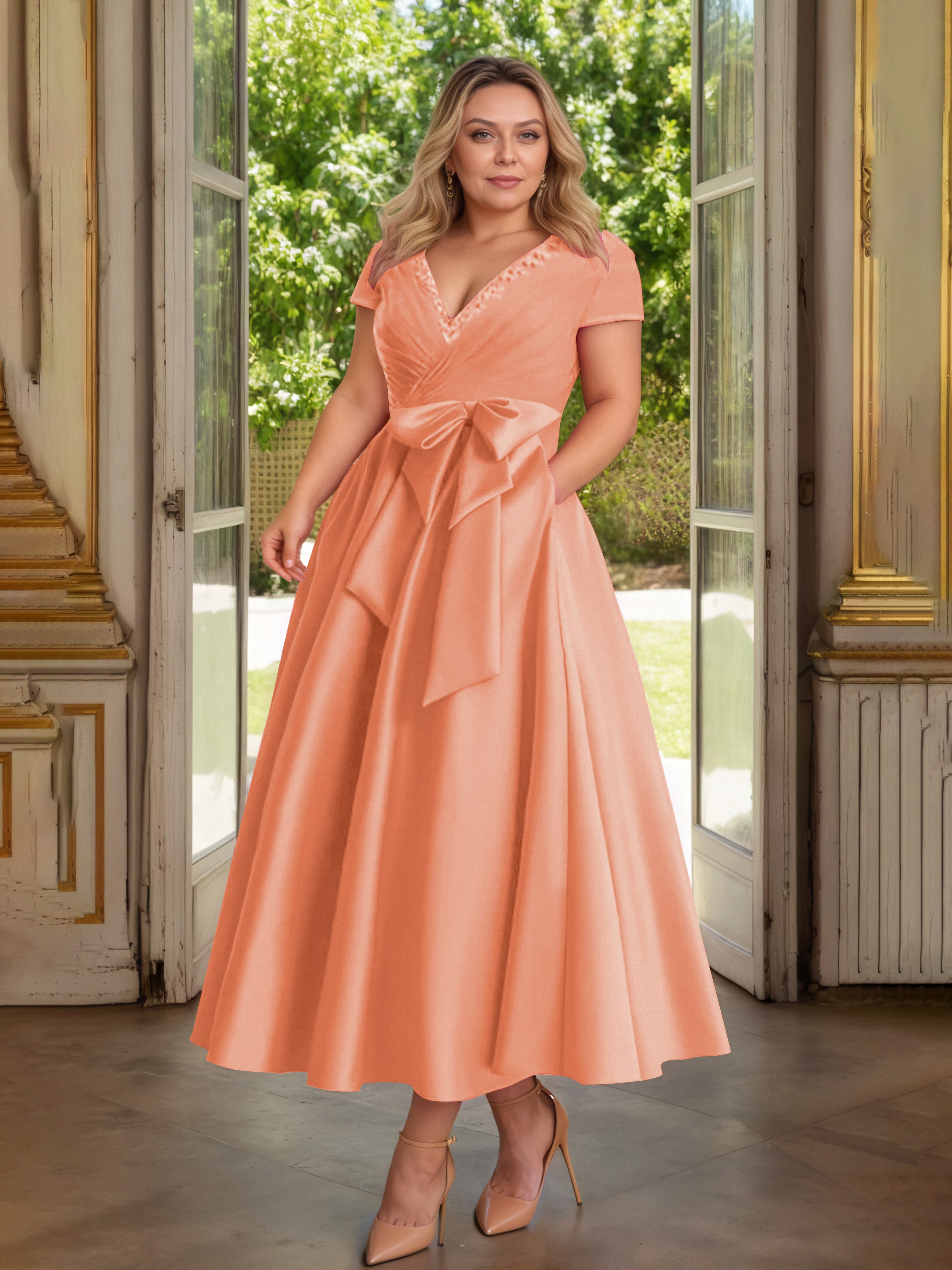Cicinia Papaye Cicinia Robe Grande Taille Mère De La Mariée Longue A-Line En Satin Perlé Décolleté En V Longueur Cheville