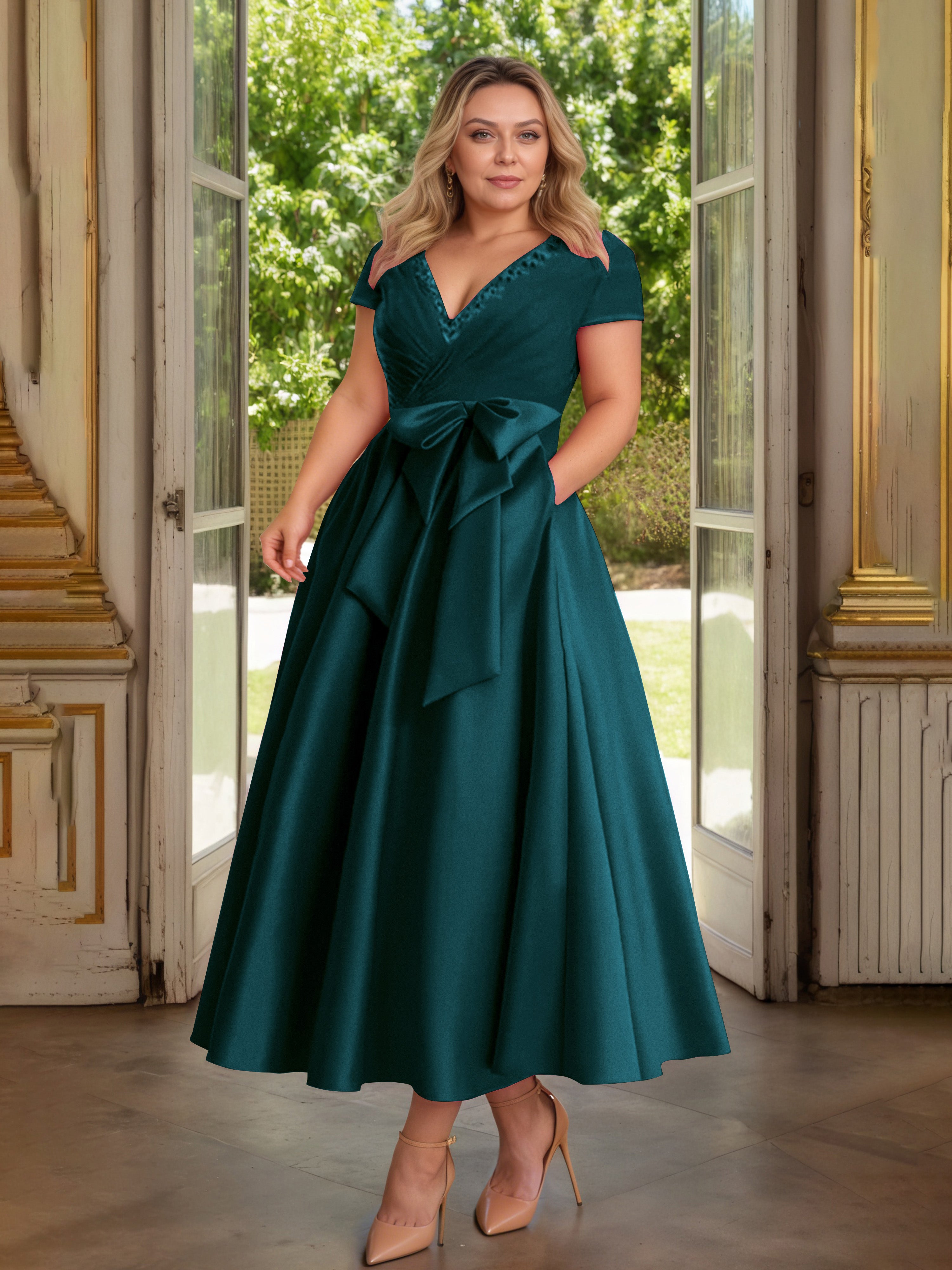 Cicinia Paon Cicinia Robe Grande Taille Mère De La Mariée Longue A-Line En Satin Perlé Décolleté En V Longueur Cheville