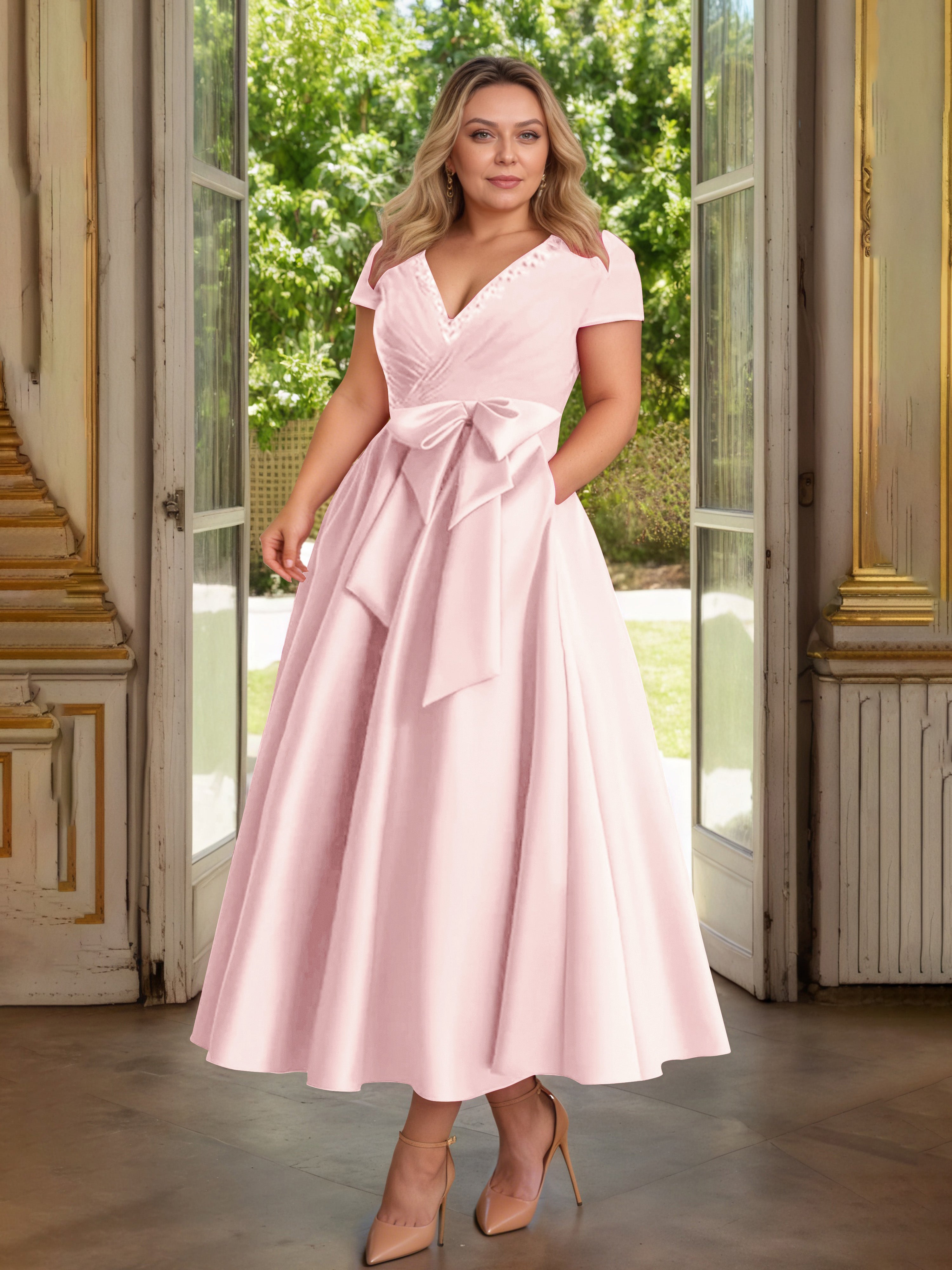 Cicinia Rose Perle Cicinia Robe Grande Taille Mère De La Mariée Longue A-Line En Satin Perlé Décolleté En V Longueur Cheville