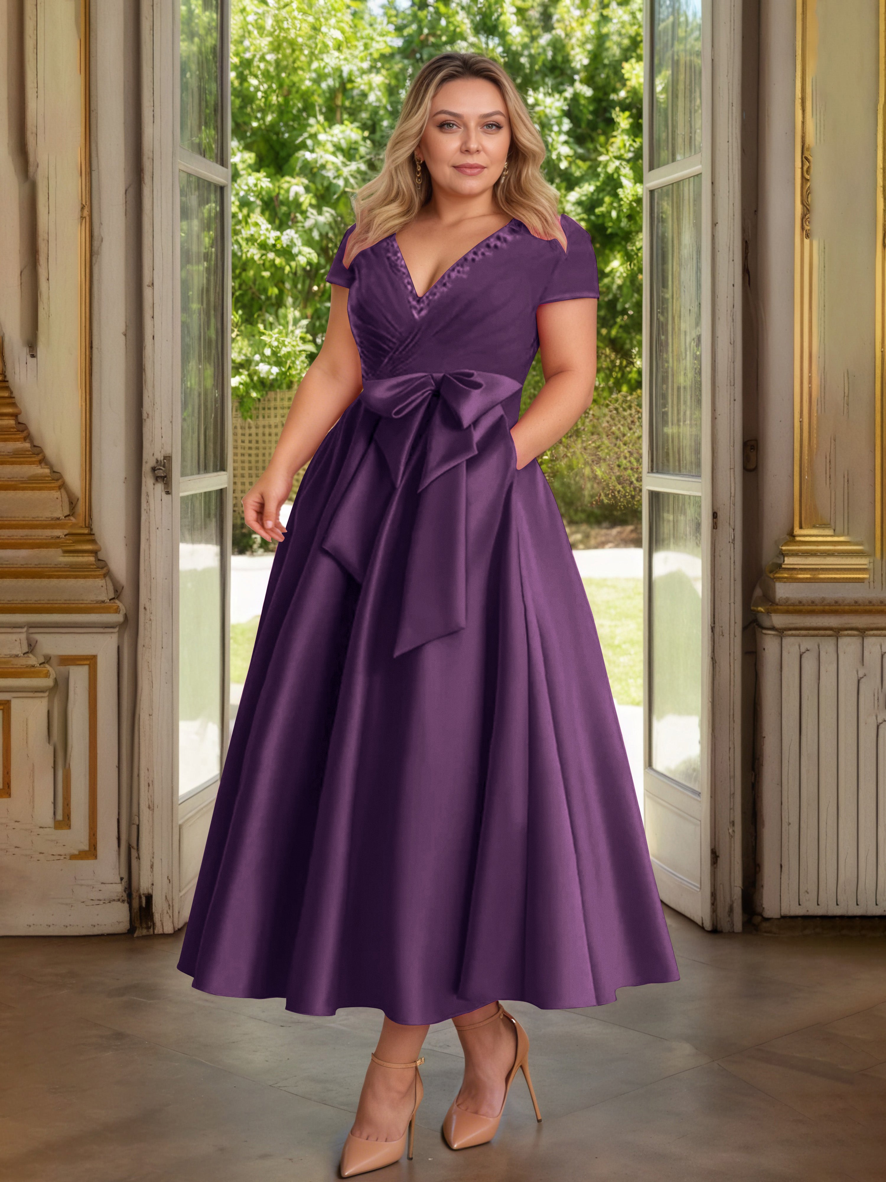 Cicinia Plum Cicinia Robe Grande Taille Mère De La Mariée Longue A-Line En Satin Perlé Décolleté En V Longueur Cheville