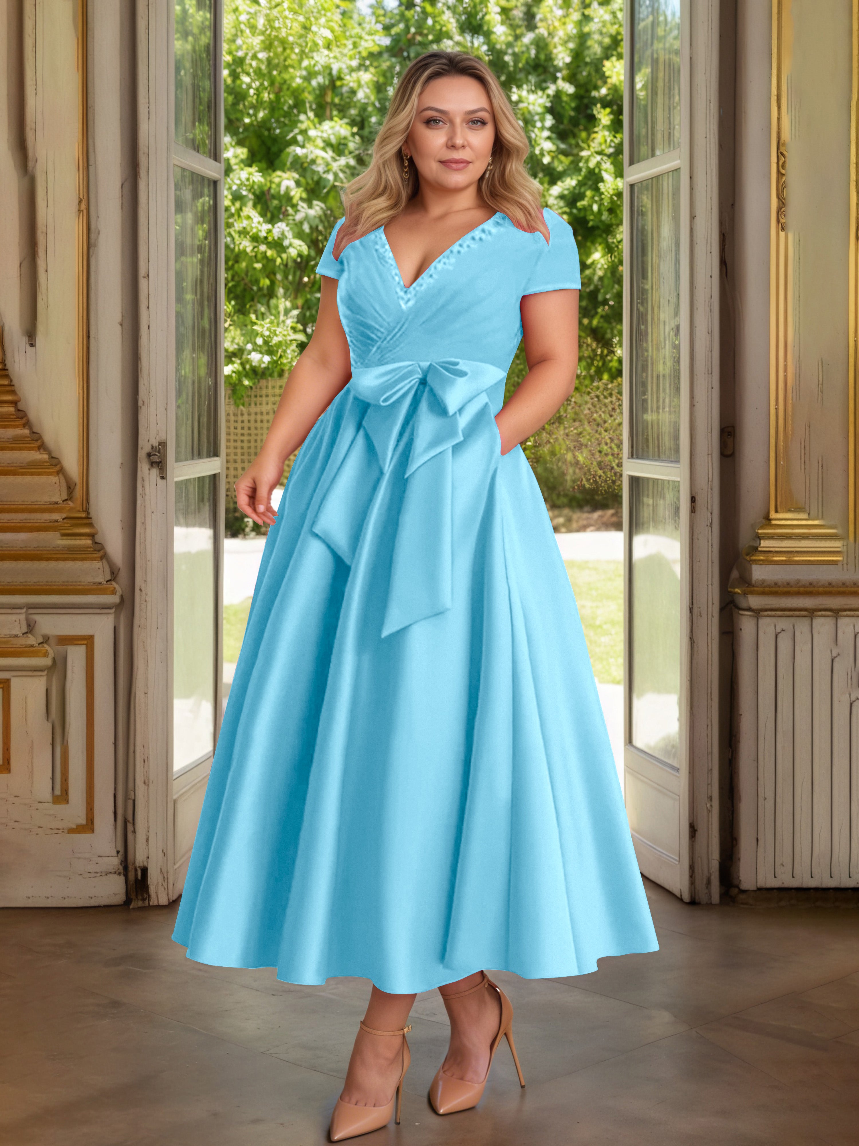Cicinia Piscine Cicinia Robe Grande Taille Mère De La Mariée Longue A-Line En Satin Perlé Décolleté En V Longueur Cheville