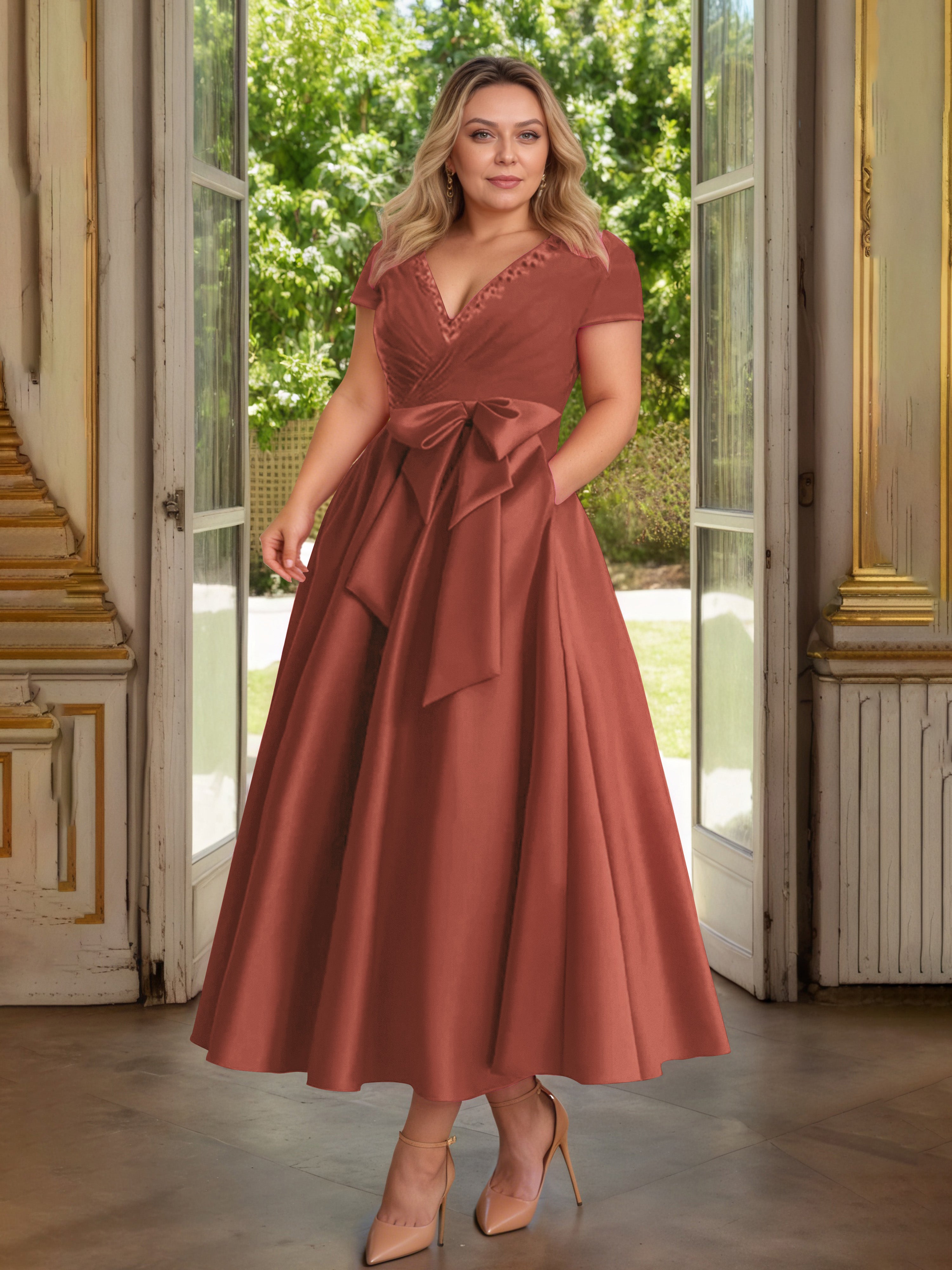 Cicinia Rouille Cicinia Robe Grande Taille Mère De La Mariée Longue A-Line En Satin Perlé Décolleté En V Longueur Cheville