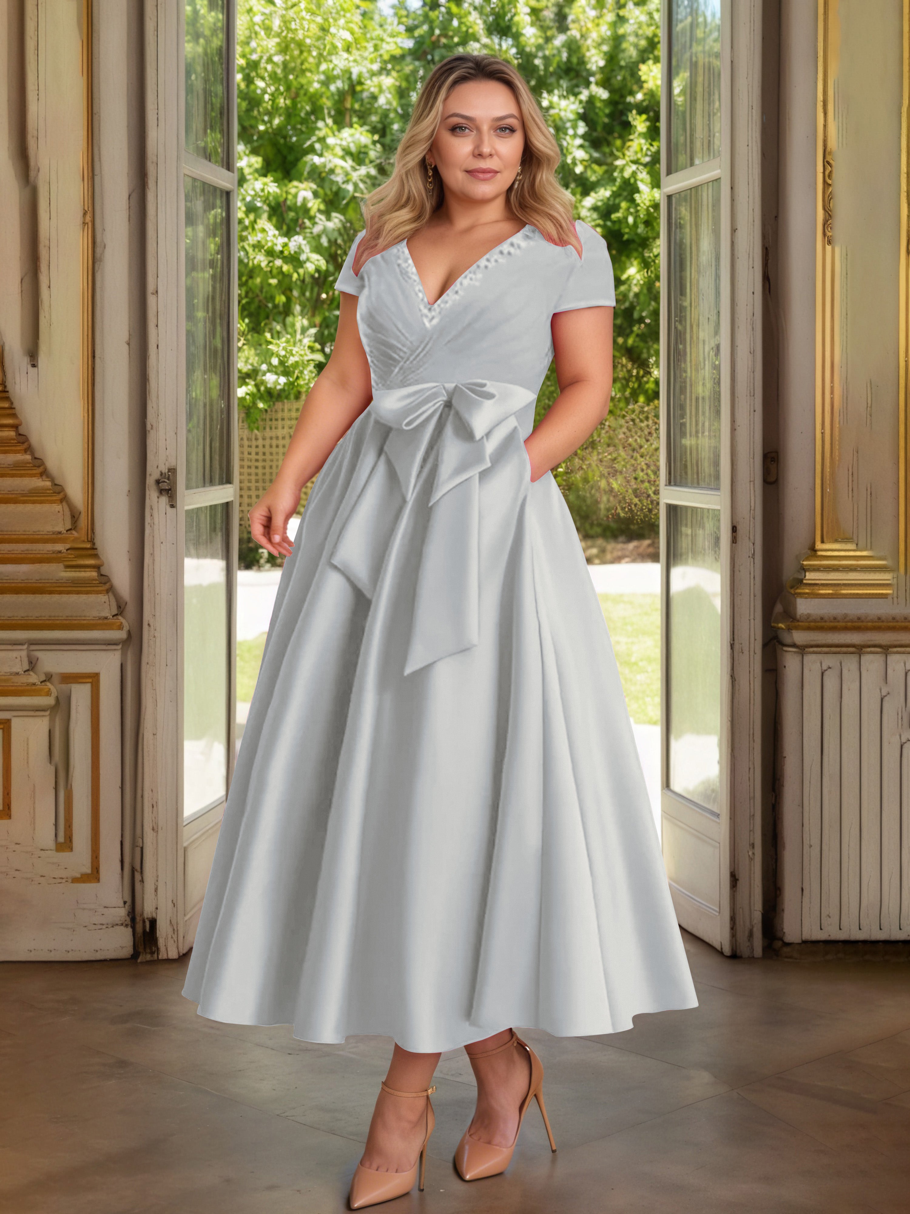 Cicinia Argent Cicinia Robe Grande Taille Mère De La Mariée Longue A-Line En Satin Perlé Décolleté En V Longueur Cheville