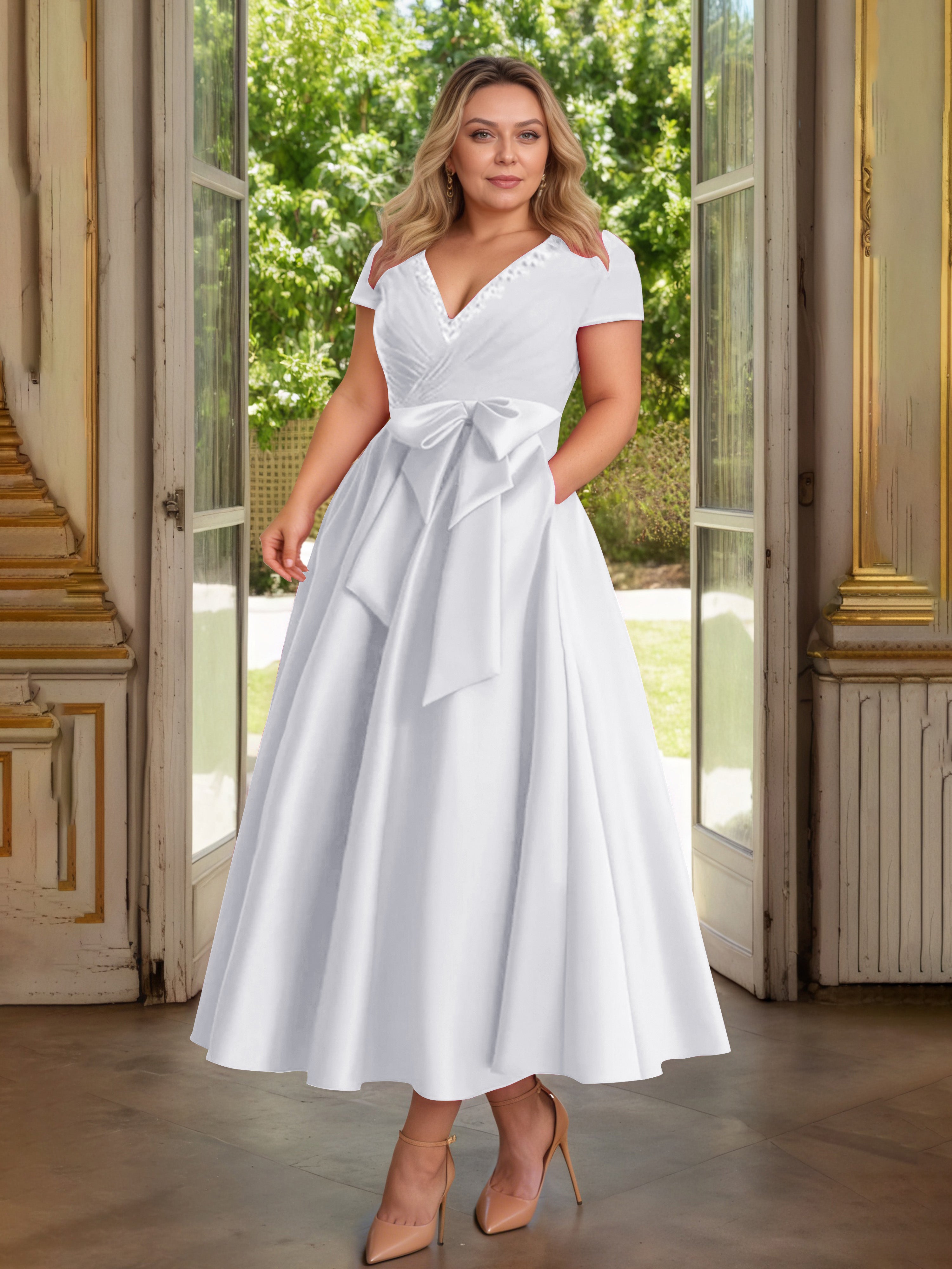 Cicinia Blanc Cicinia Robe Grande Taille Mère De La Mariée Longue A-Line En Satin Perlé Décolleté En V Longueur Cheville