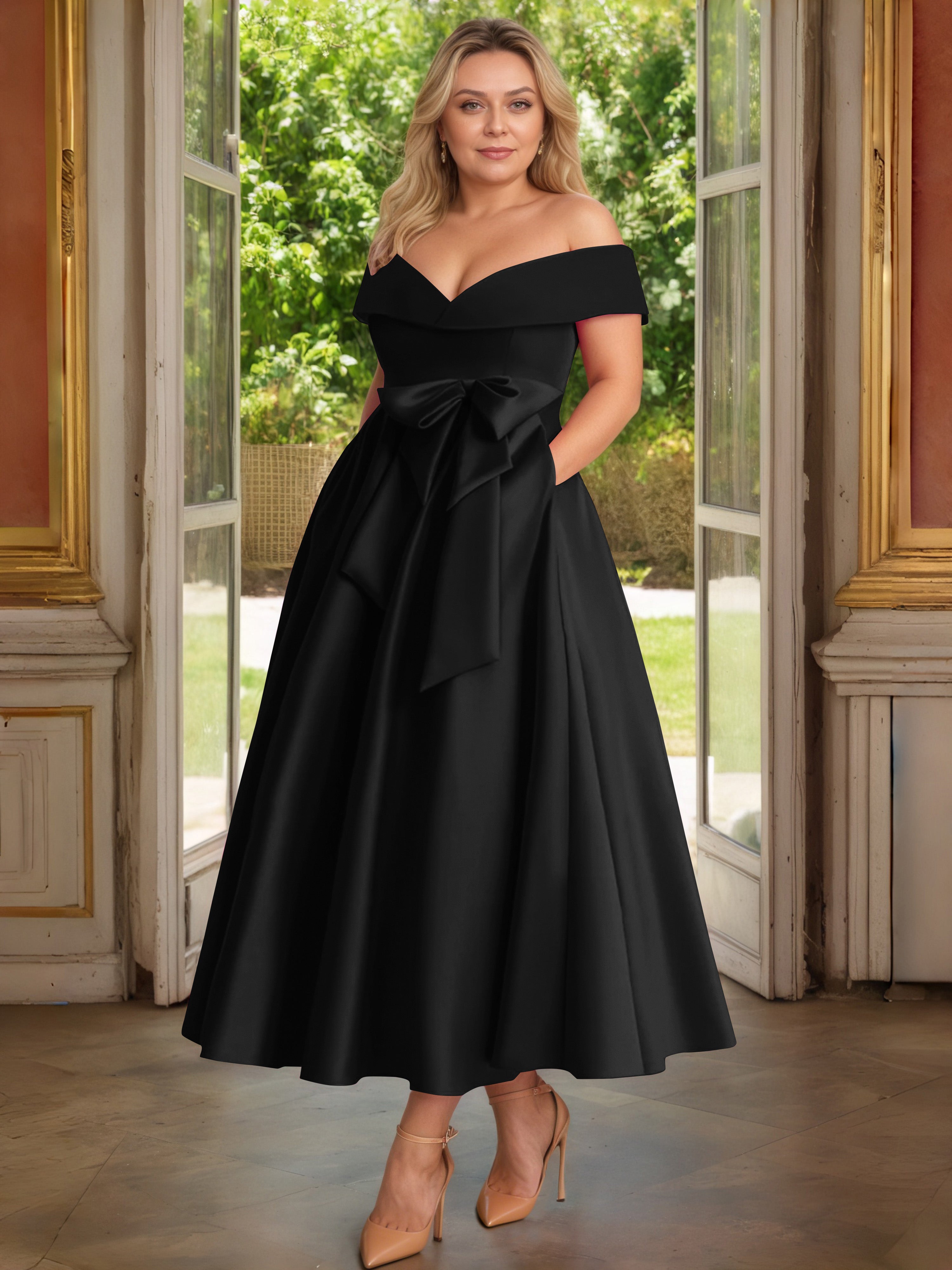 Cicinia Noir Cicinia Robe Grande Taille Mère De La Mariée Longue A-Line En Satin Épaules Dénudées Avec Nœud Papillon Longueur Cheville
