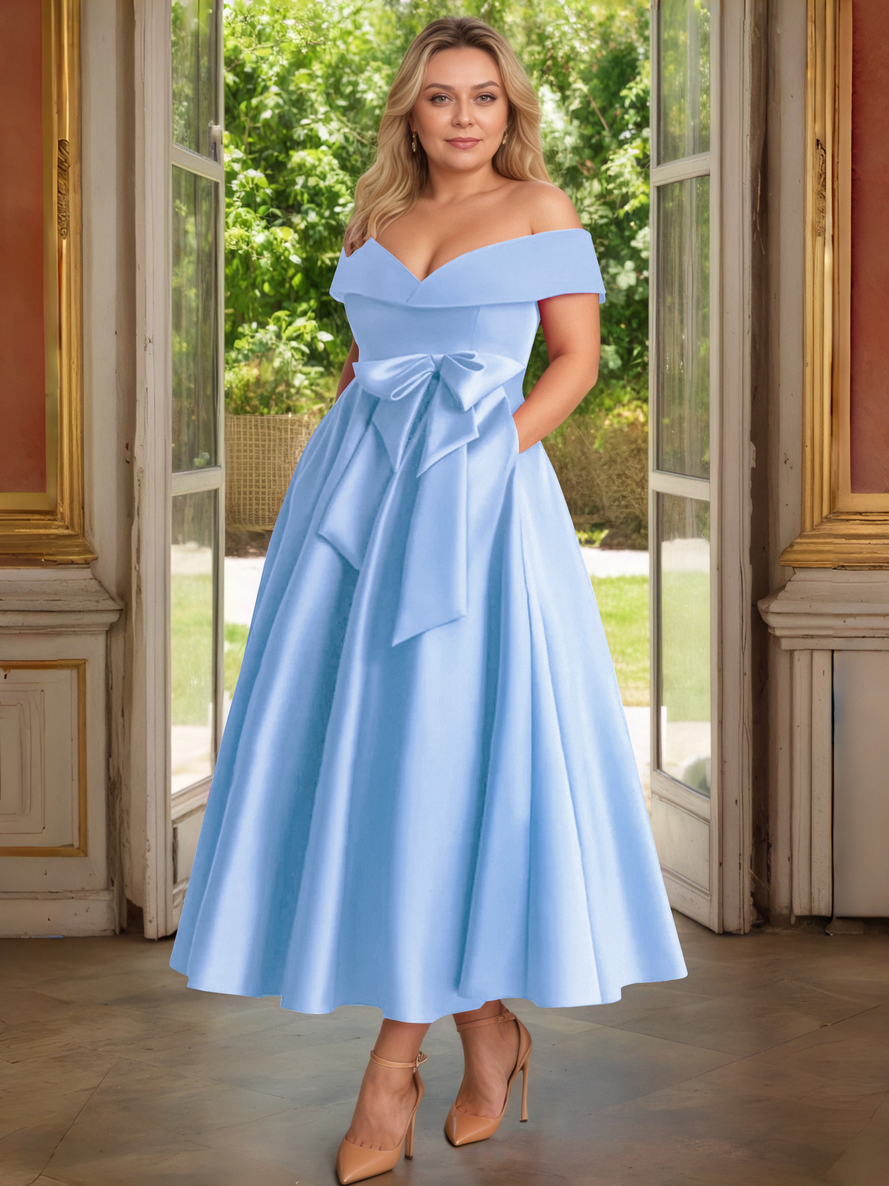 Cicinia Bleu Cicinia Robe Grande Taille Mère De La Mariée Longue A-Line En Satin Épaules Dénudées Avec Nœud Papillon Longueur Cheville