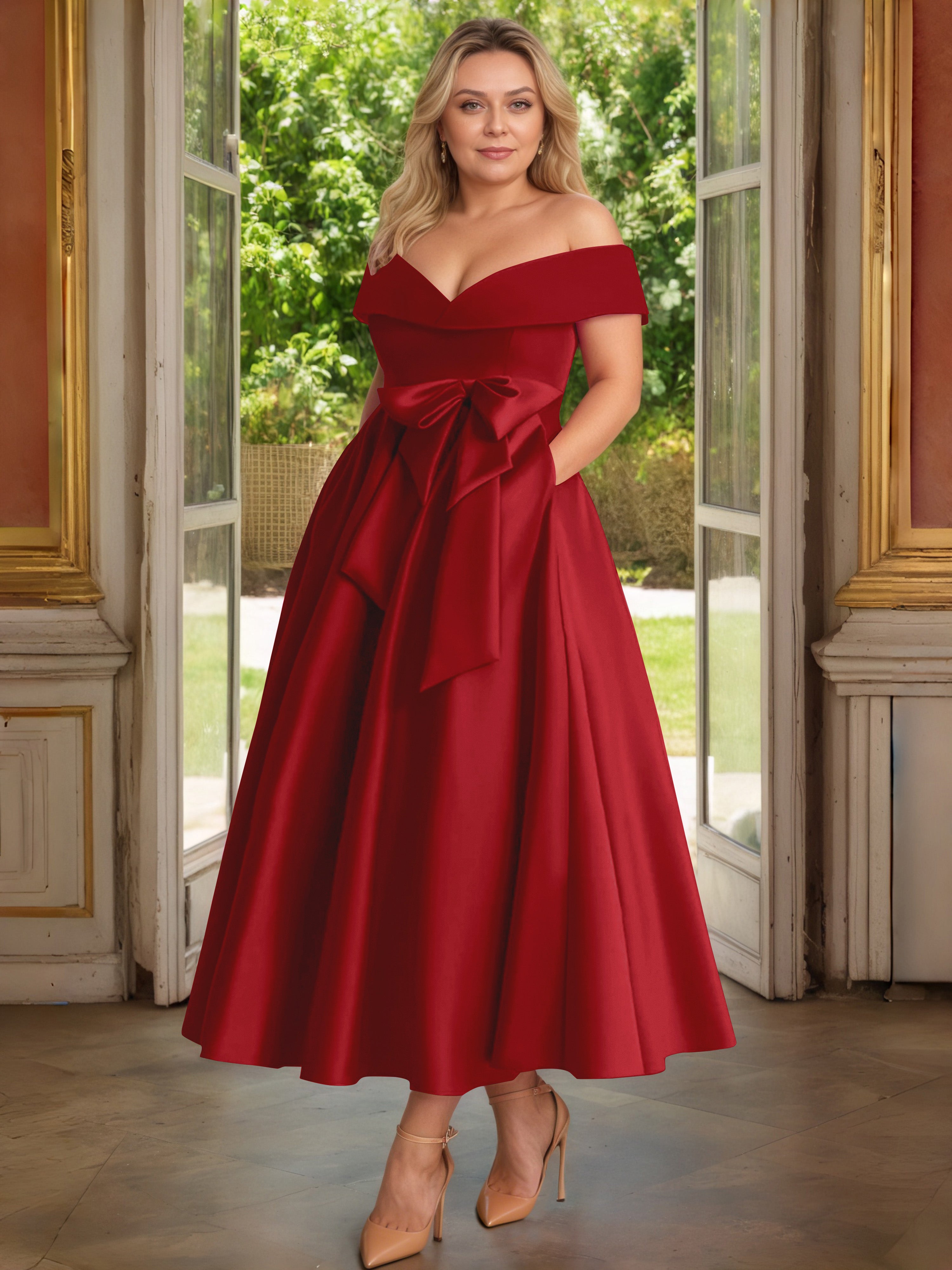 Cicinia Bordeaux Cicinia Robe Grande Taille Mère De La Mariée Longue A-Line En Satin Épaules Dénudées Avec Nœud Papillon Longueur Cheville