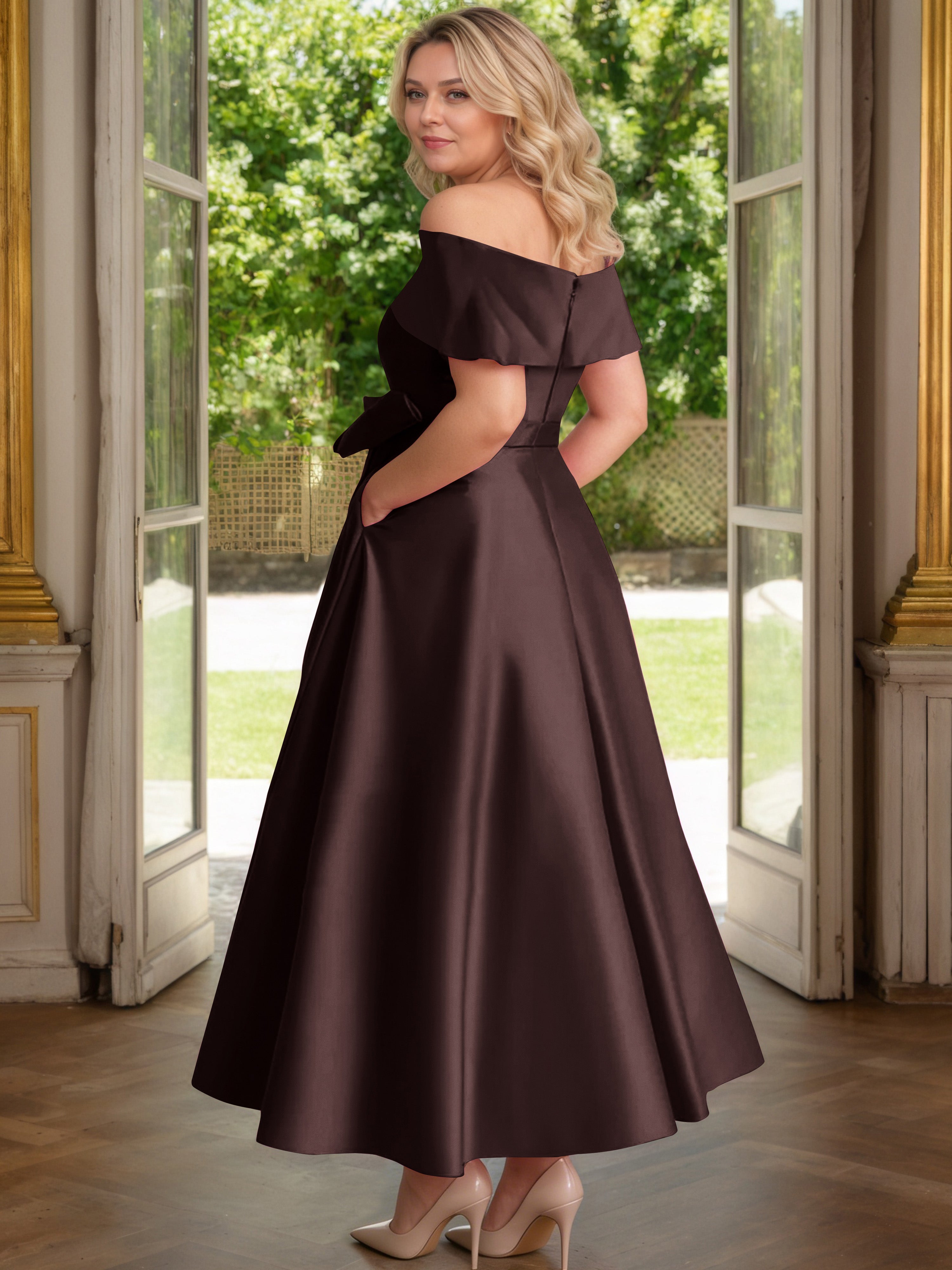 Cicinia Chocolat Cicinia Robe Grande Taille Mère De La Mariée Longue A-Line En Satin Épaules Dénudées Avec Nœud Papillon Longueur Cheville