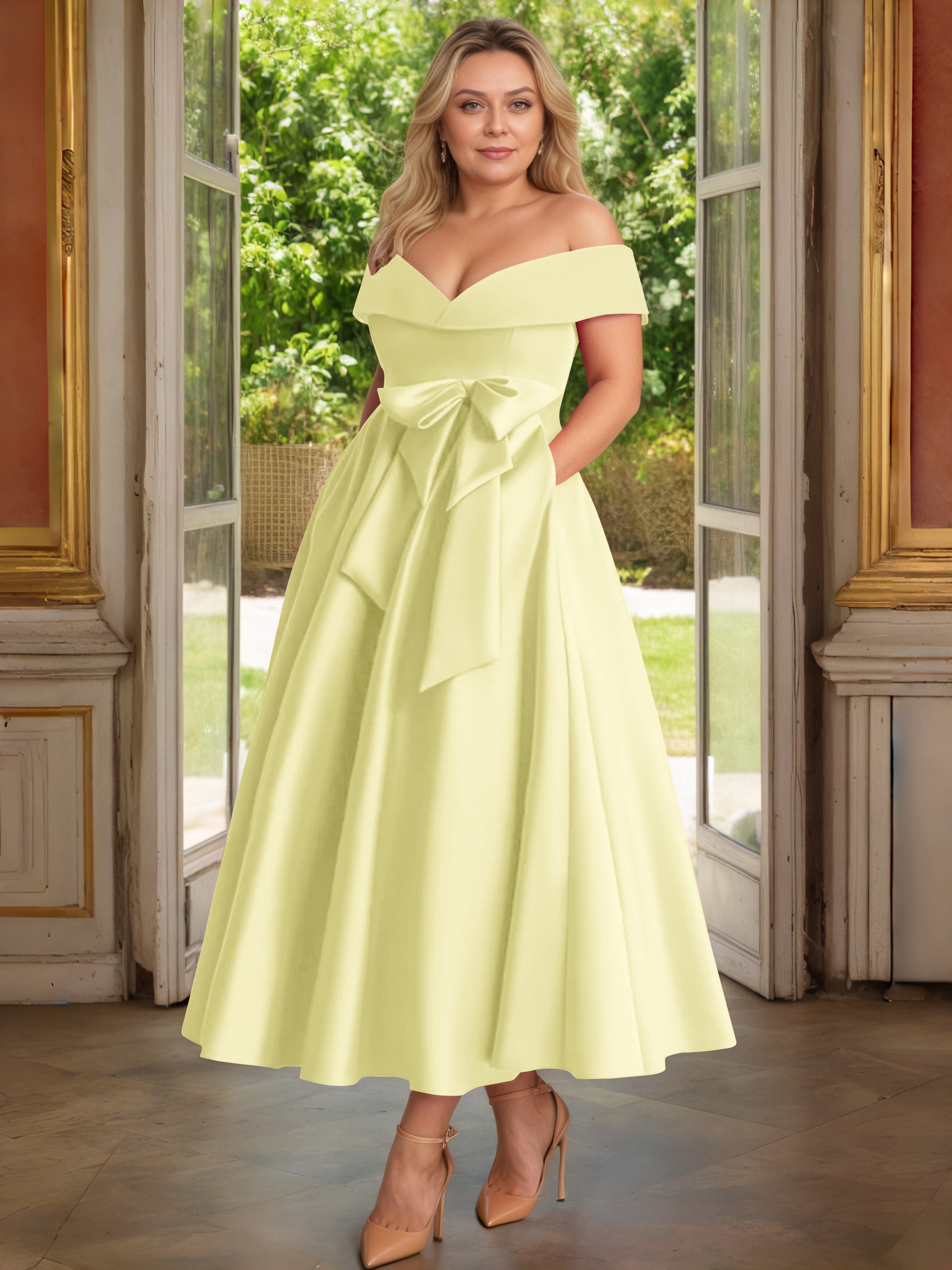 Cicinia Jonquille Cicinia Robe Grande Taille Mère De La Mariée Longue A-Line En Satin Épaules Dénudées Avec Nœud Papillon Longueur Cheville