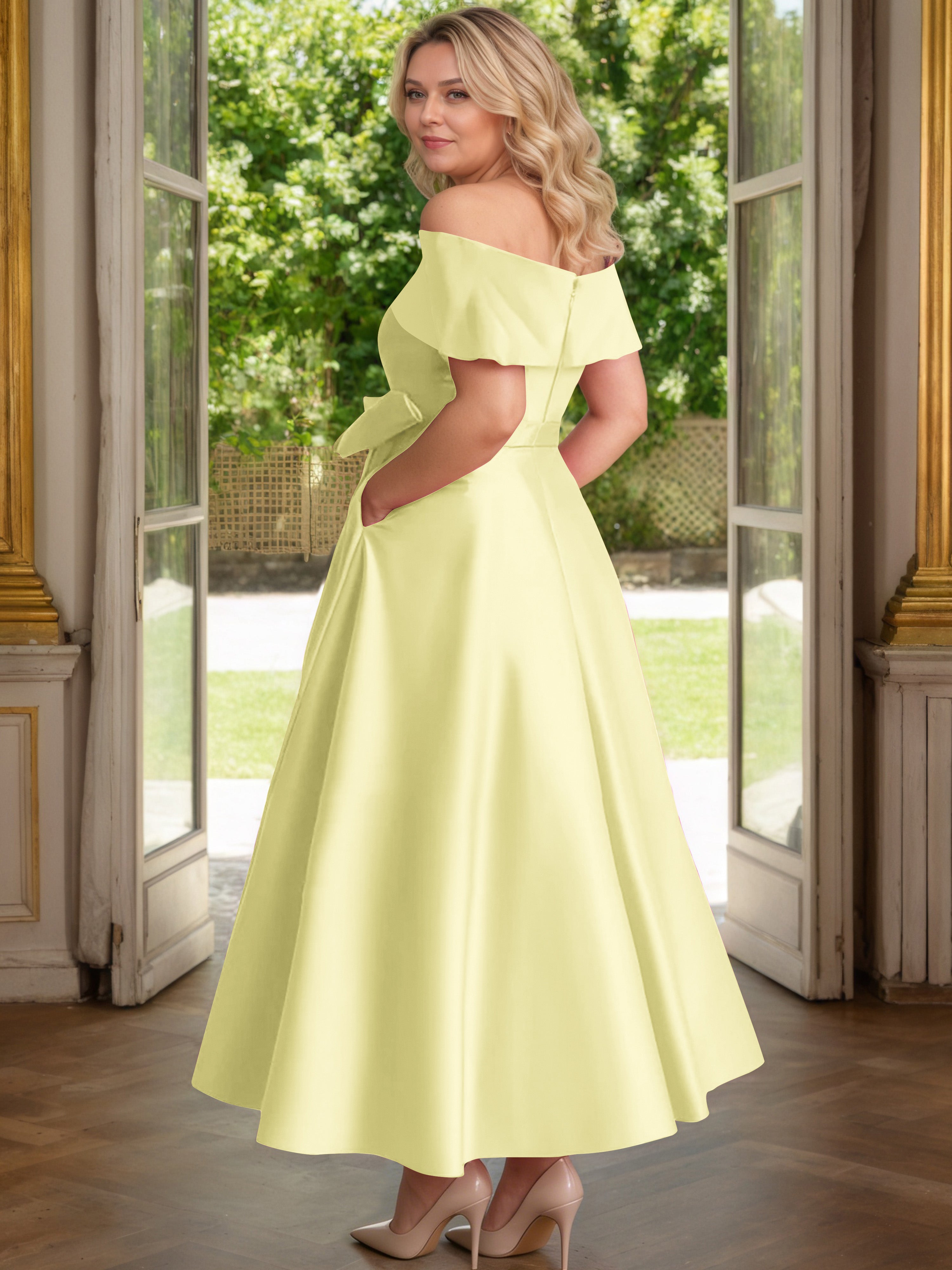 Cicinia Jonquille Cicinia Robe Grande Taille Mère De La Mariée Longue A-Line En Satin Épaules Dénudées Avec Nœud Papillon Longueur Cheville
