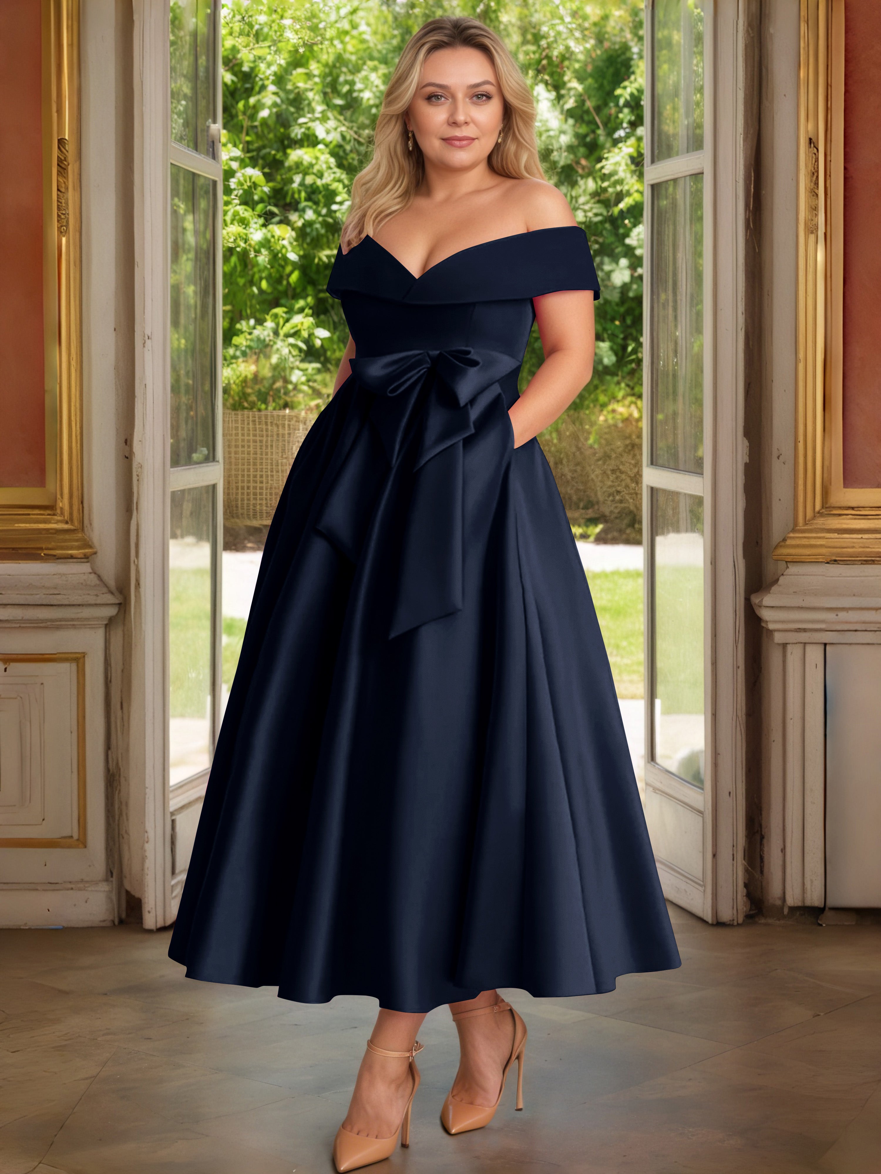 Cicinia Bleu Marine Cicinia Robe Grande Taille Mère De La Mariée Longue A-Line En Satin Épaules Dénudées Avec Nœud Papillon Longueur Cheville