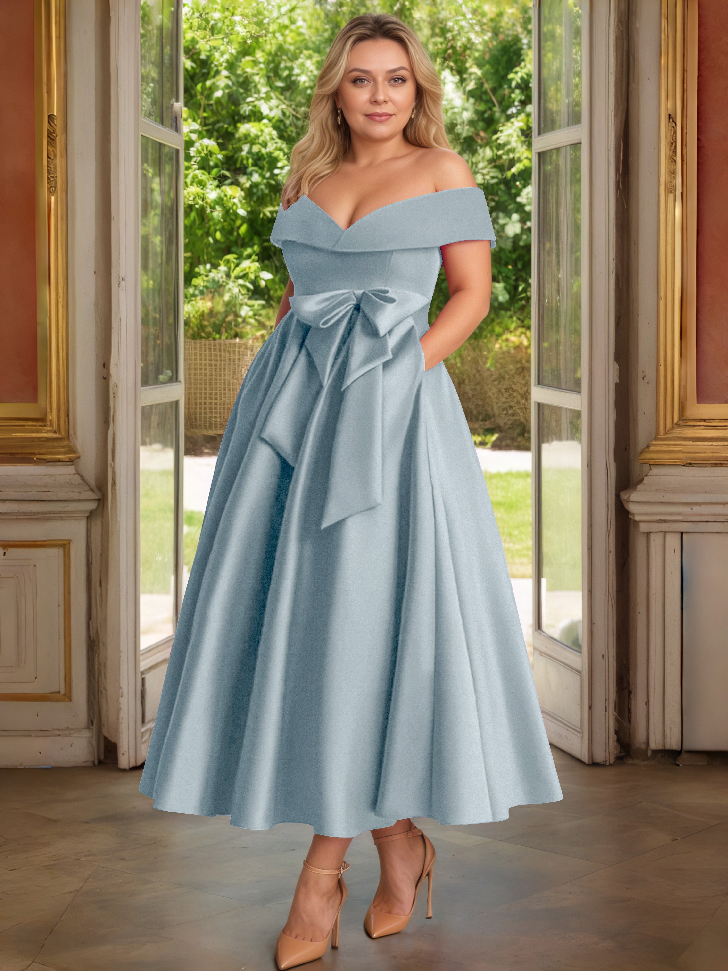 Cicinia Bleu Poudré Cicinia Robe Grande Taille Mère De La Mariée Longue A-Line En Satin Épaules Dénudées Avec Nœud Papillon Longueur Cheville