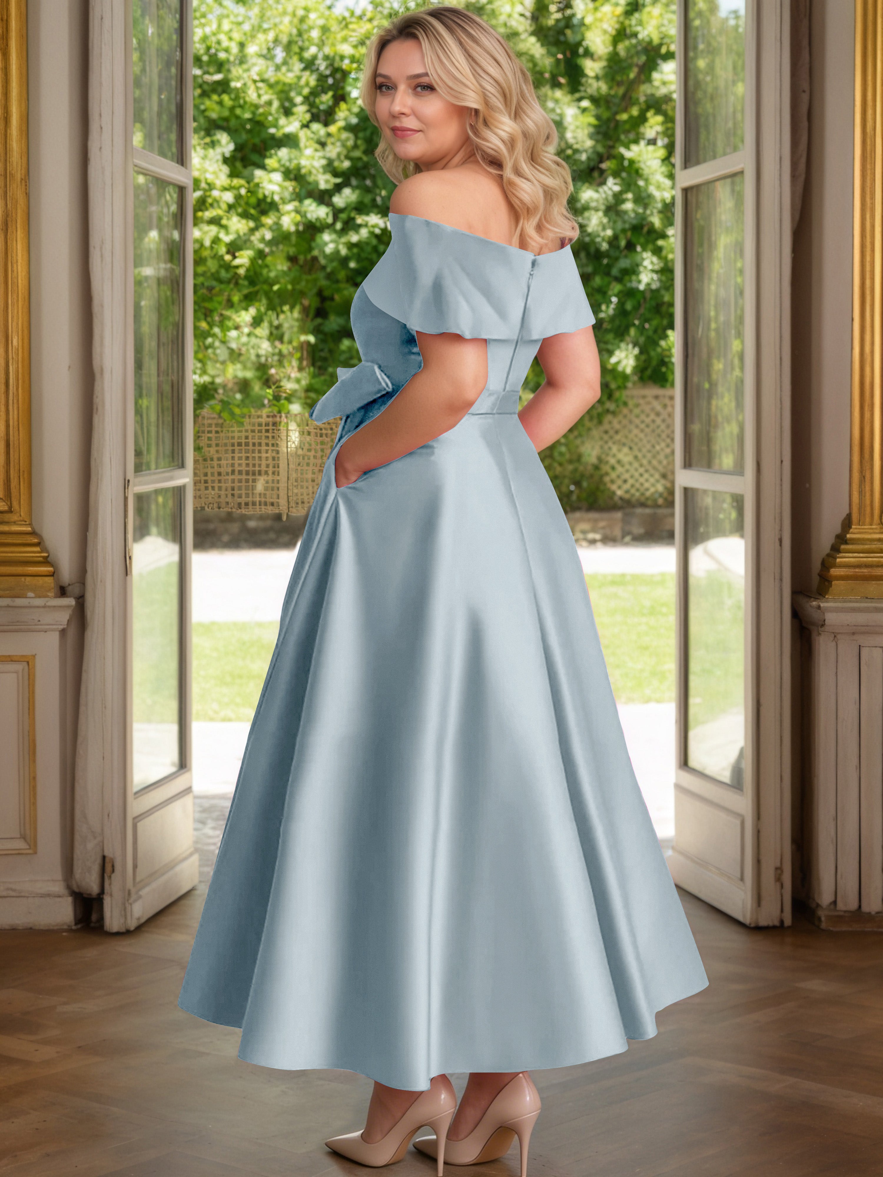 Cicinia Bleu Poudré Cicinia Robe Grande Taille Mère De La Mariée Longue A-Line En Satin Épaules Dénudées Avec Nœud Papillon Longueur Cheville