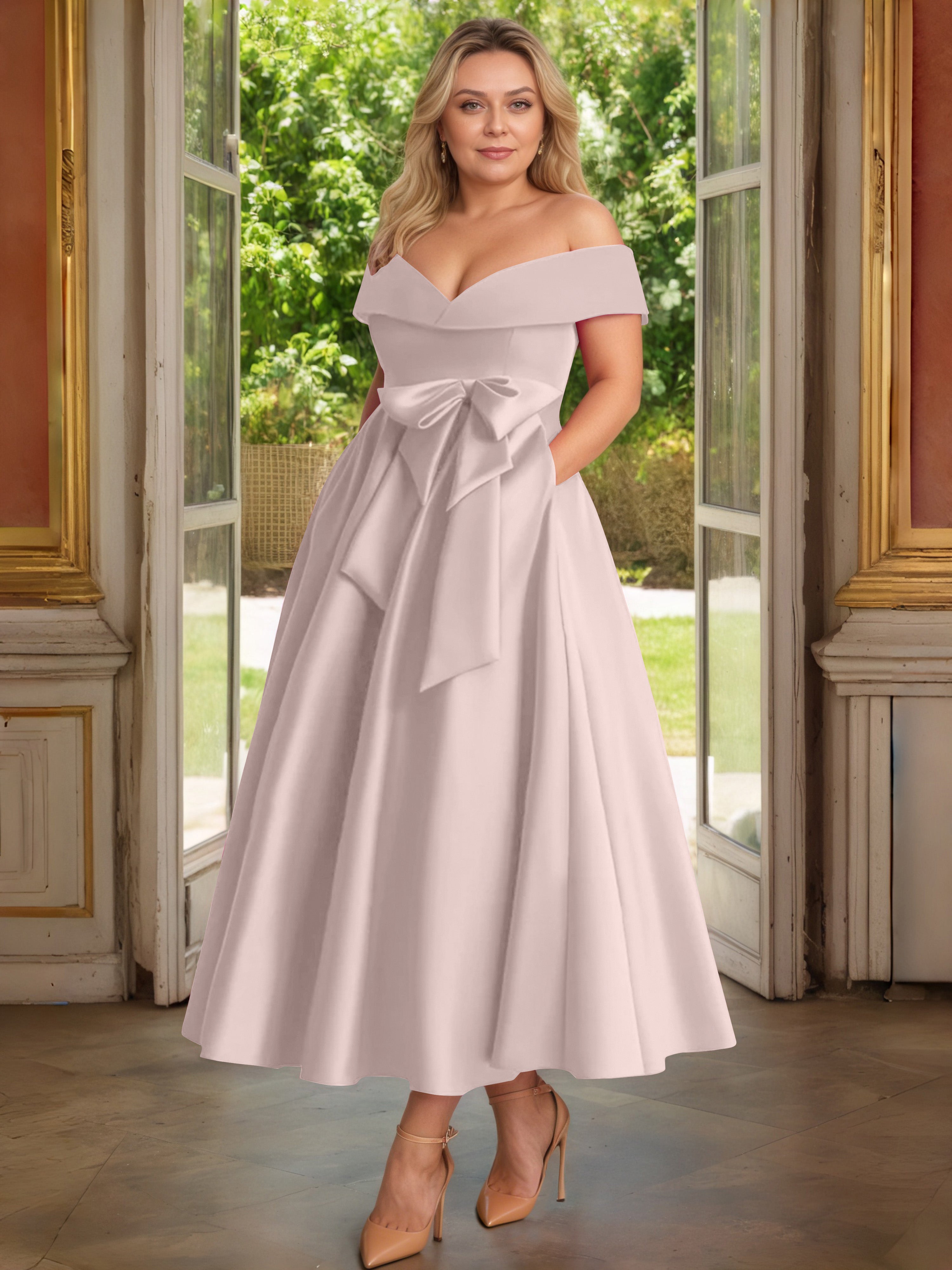 Cicinia Rose Poudré Cicinia Robe Grande Taille Mère De La Mariée Longue A-Line En Satin Épaules Dénudées Avec Nœud Papillon Longueur Cheville