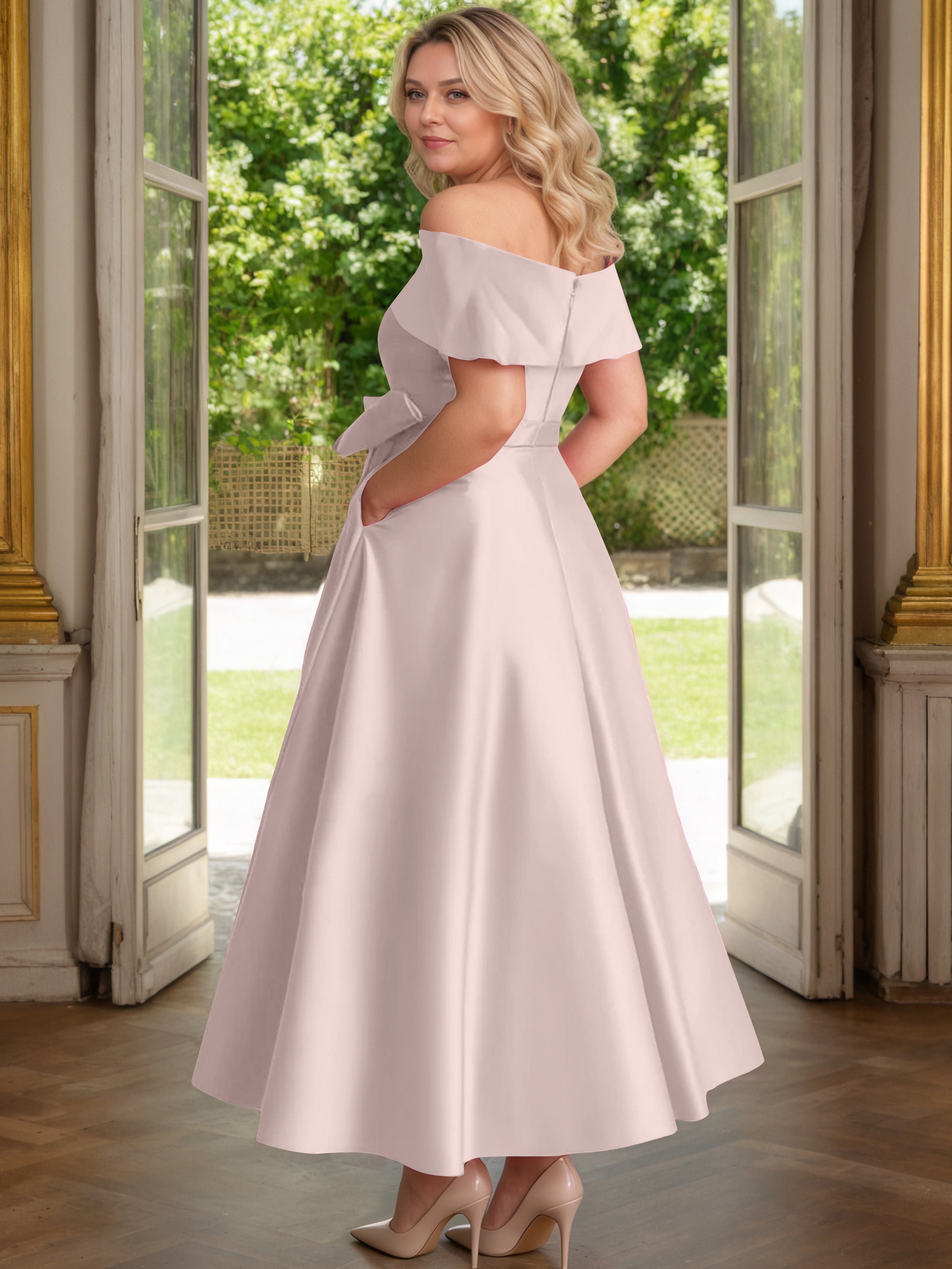 Cicinia Rose Poudré Cicinia Robe Grande Taille Mère De La Mariée Longue A-Line En Satin Épaules Dénudées Avec Nœud Papillon Longueur Cheville